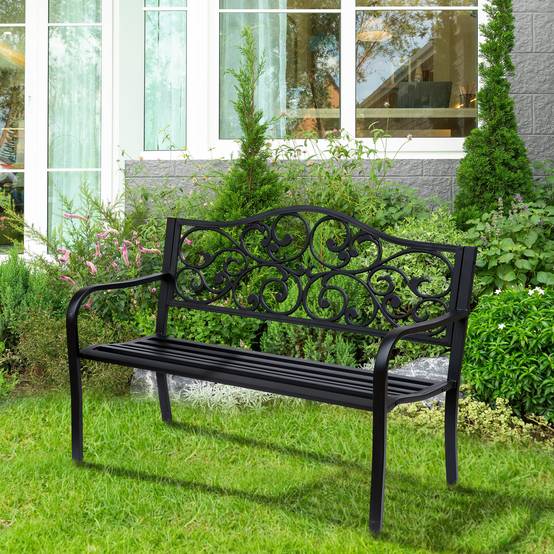 Banc de jardin 2 places avec table extensible, dossier et accoudoirs, 150x58,5x90 cm, charge 240 kg, noir - Image 3