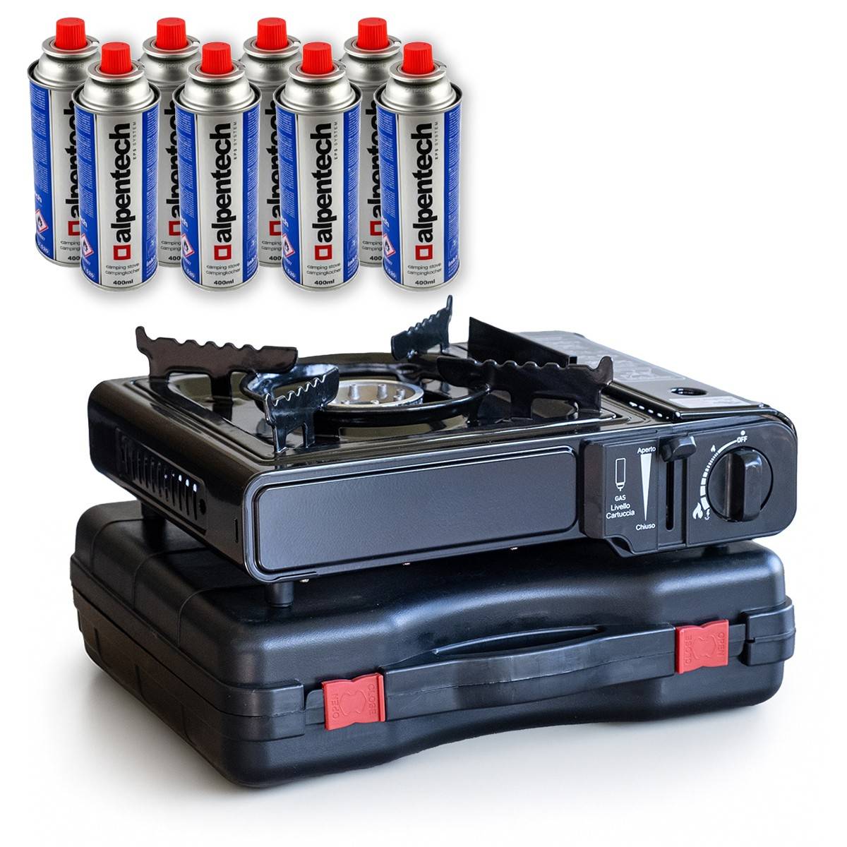 Réchaud à gaz 2200W + 8 cartouches de gaz Camping Cuisine Extérieure - Image 1
