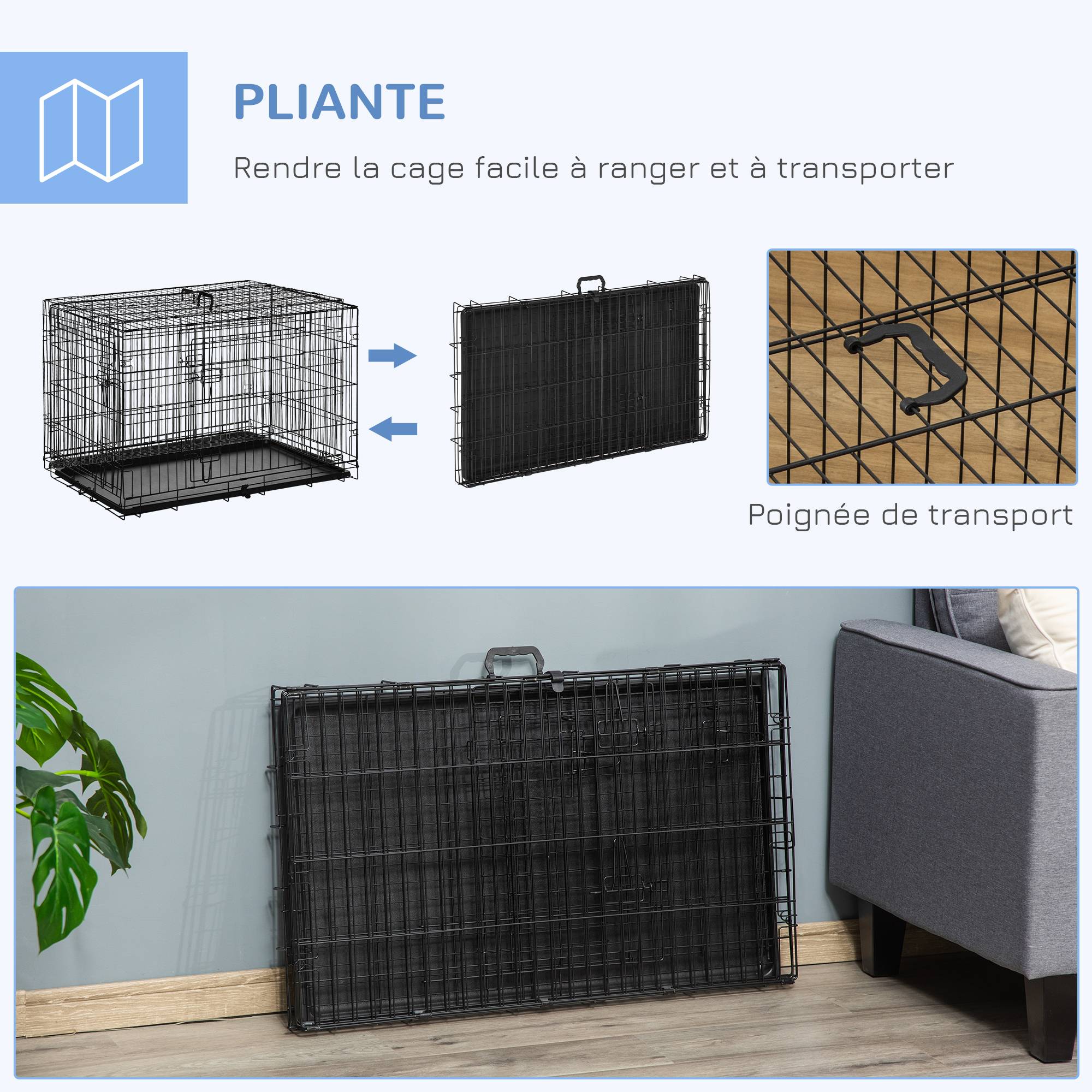 Sans Marque - Cage caisse de transport pliante pour chien en métal noir 92 x 57 x 62,5 cm - Image 9