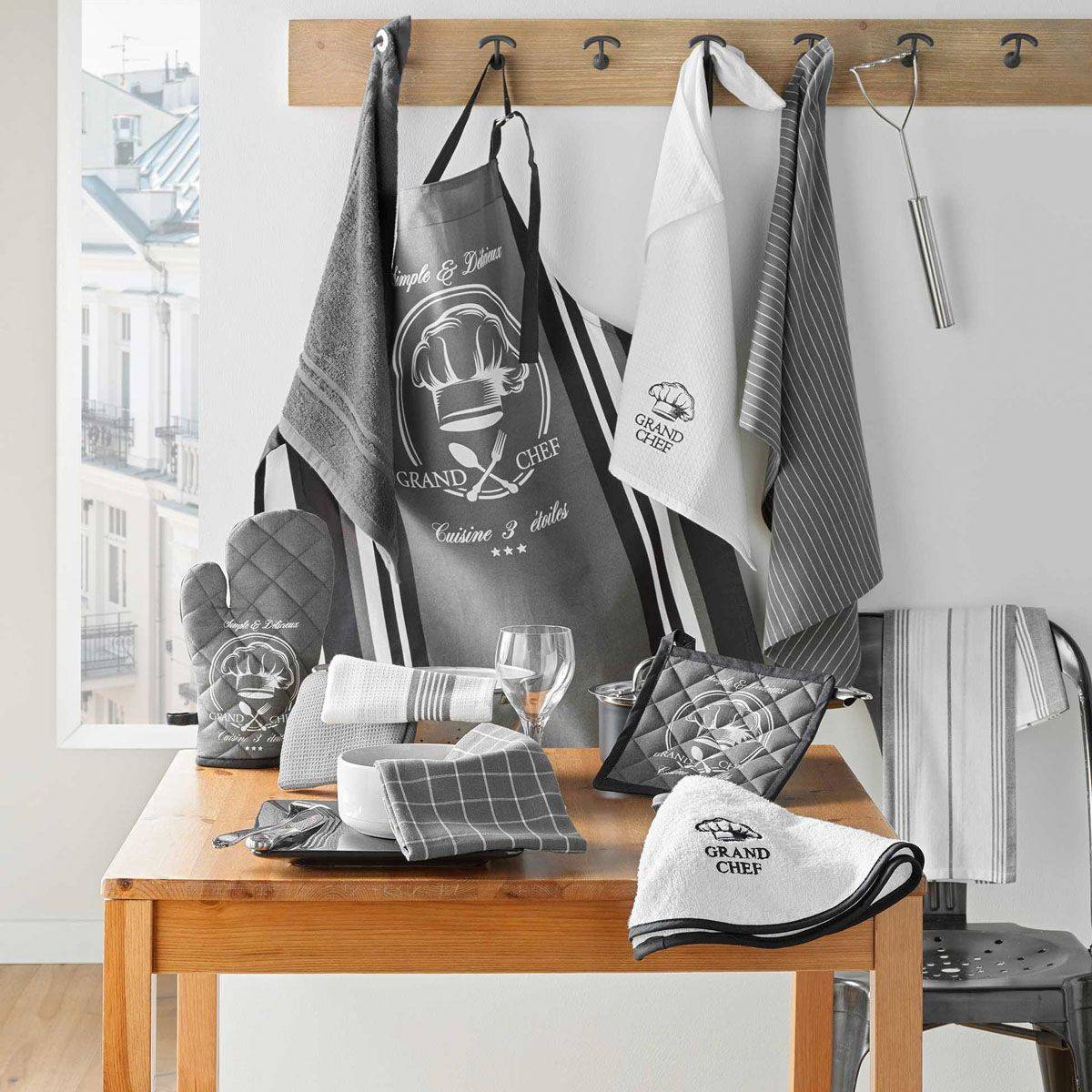 Lot de 2 Torchons Nid d'Abeille "Grand Chef" 50x70cm Blanc & Gris - Image 3