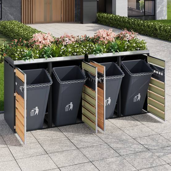 ComfortXL - Cache-poubelle quadruple acier galvanisé jardin avec jardinière intégrée gris bois - ComfortXL Outdoor Living - Image 4