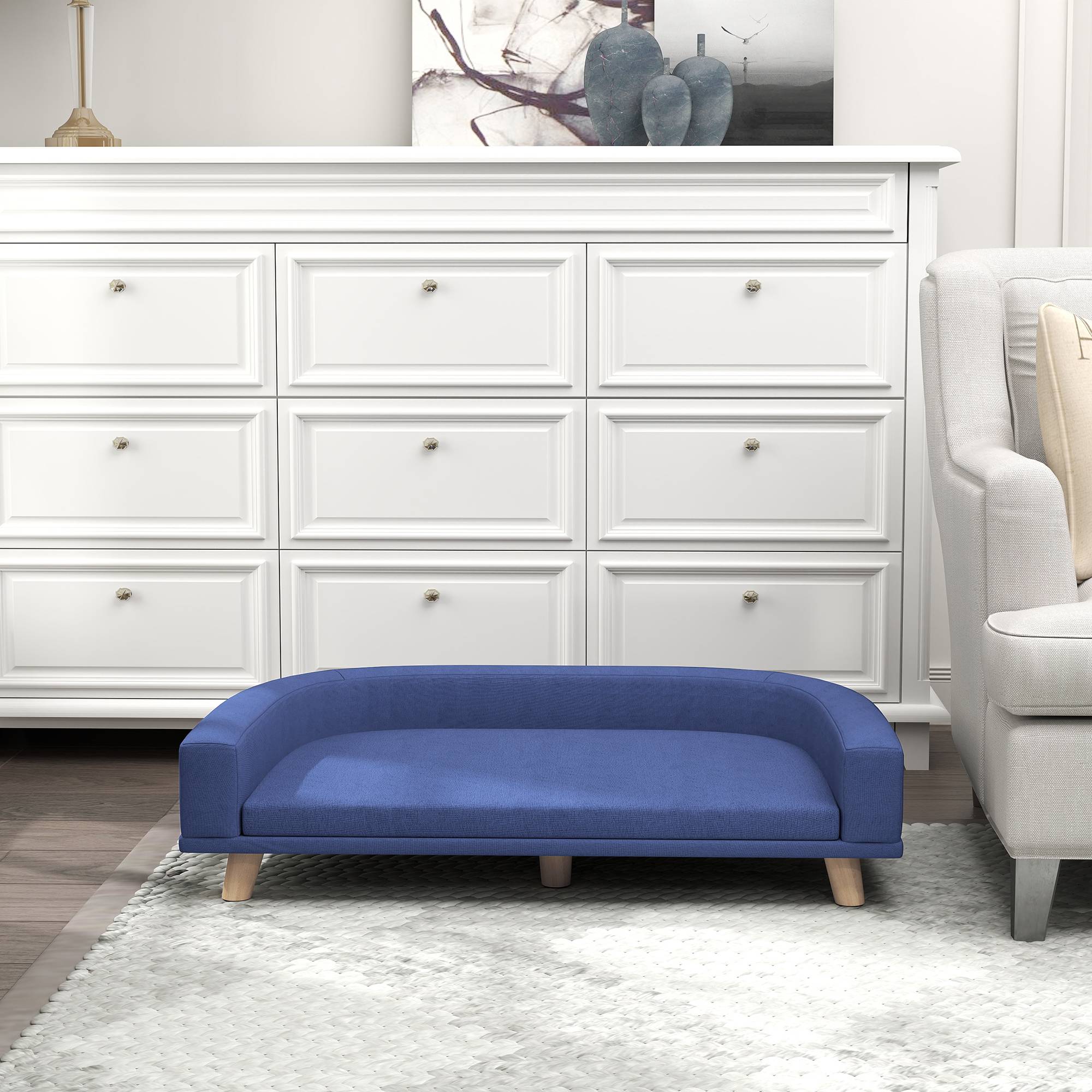 Sans Marque - Canapé pour chien grand lit surélevé pour chien coussin lavable cadre en bois tissu polyester 98 x 67 x 25 cm bleu - Image 10