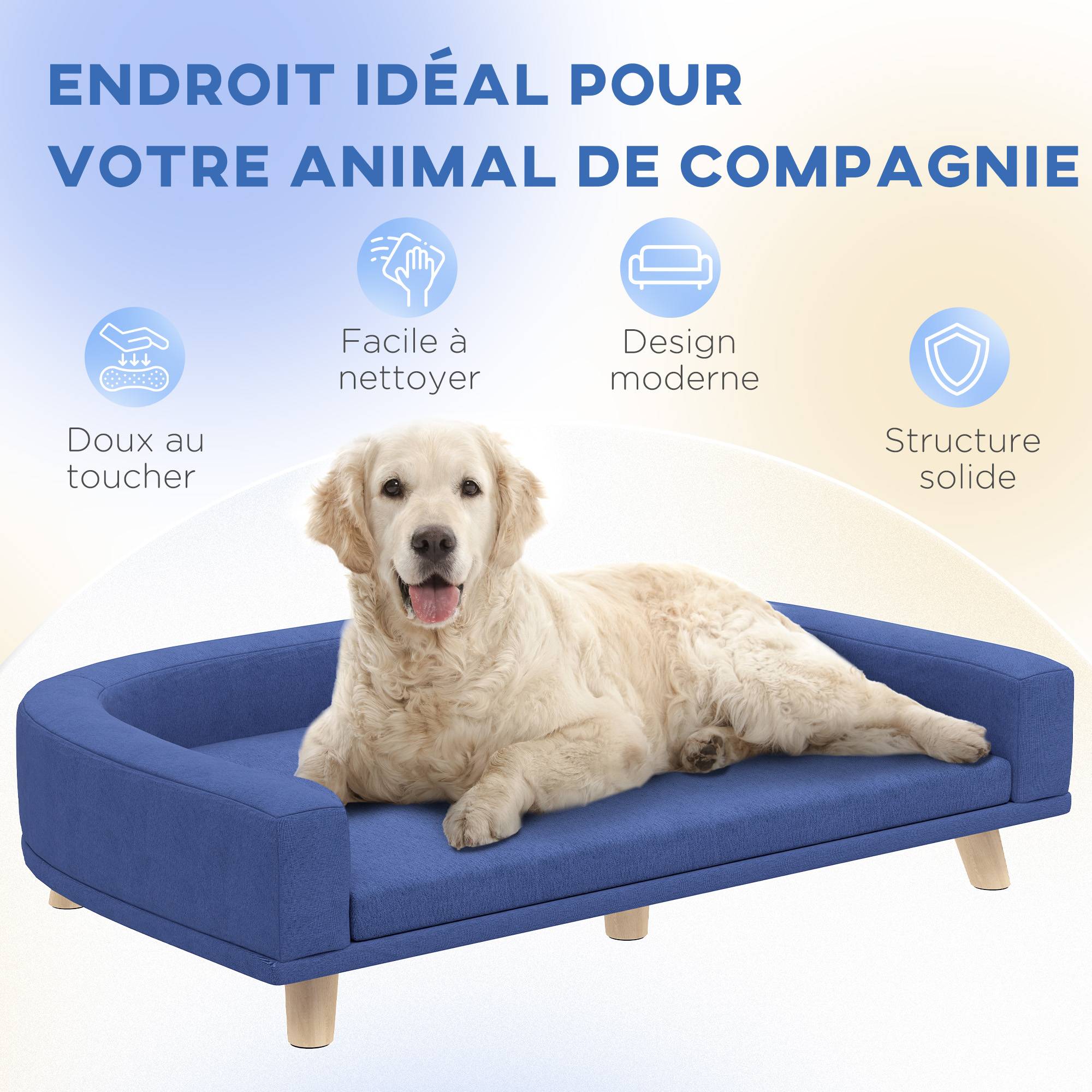 Sans Marque - Canapé pour chien grand lit surélevé pour chien coussin lavable cadre en bois tissu polyester 98 x 67 x 25 cm bleu - Image 9
