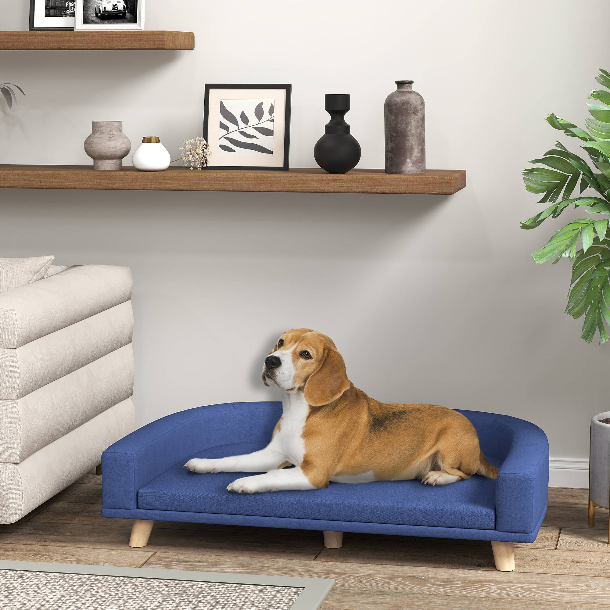 Sans Marque - Canapé pour chien grand lit surélevé pour chien coussin lavable cadre en bois tissu polyester 98 x 67 x 25 cm bleu - Image 3