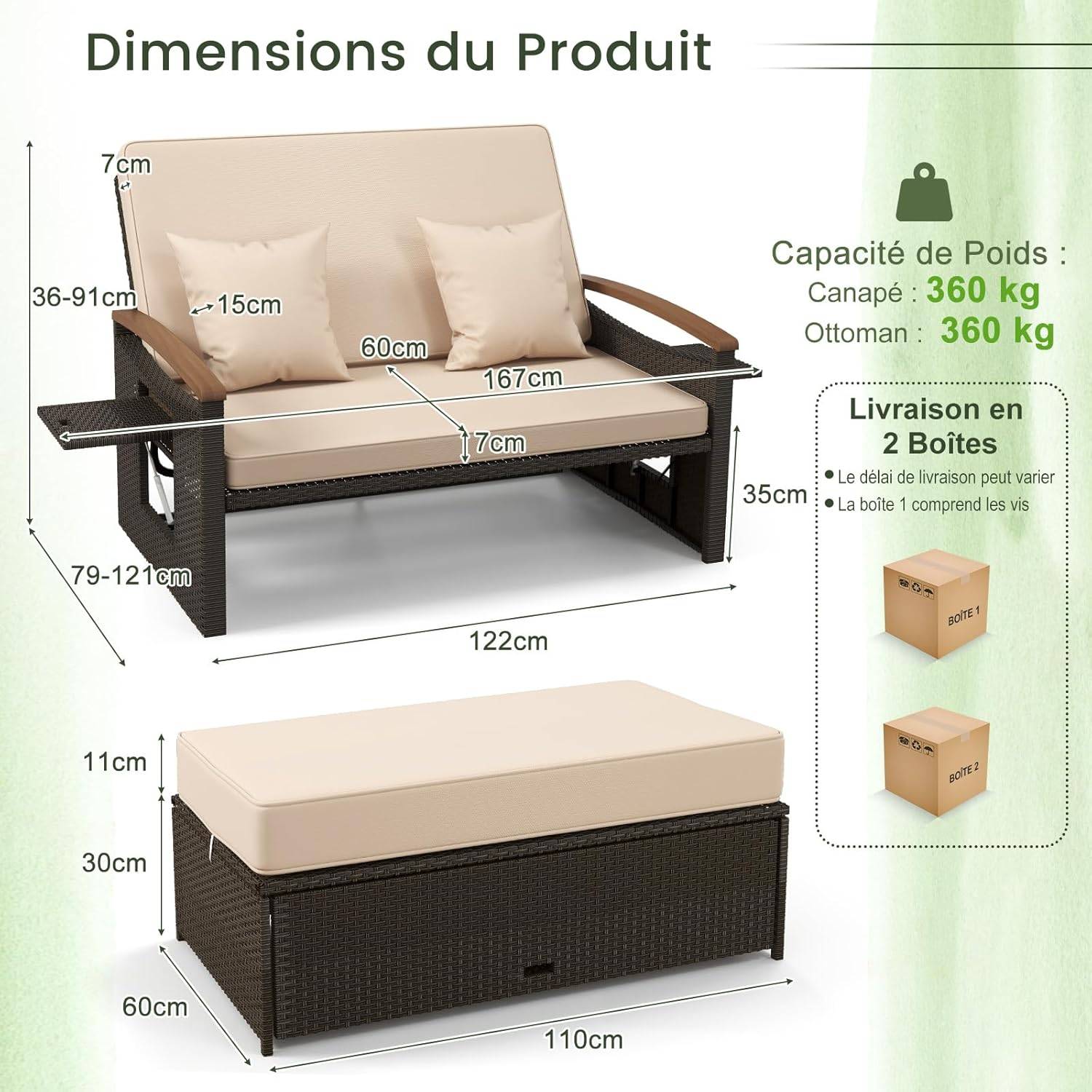 Costway - Salon de Jardin en Rotin avec Ottoman de Rangement, Bain de Soleil, Charge 360KG, Beige - Image 4