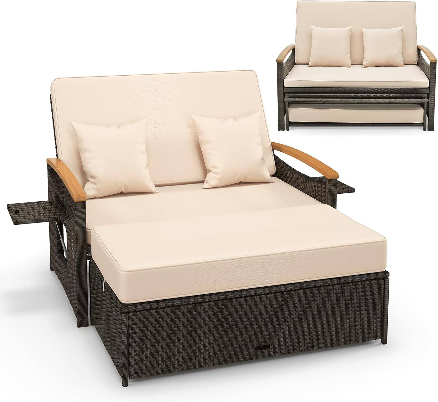 Costway - Salon de Jardin en Rotin avec Ottoman de Rangement, Bain de Soleil, Charge 360KG, Beige - Image 1
