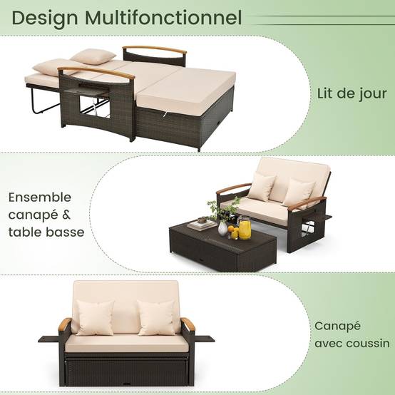 Costway - Salon de Jardin en Rotin avec Ottoman de Rangement, Bain de Soleil, Charge 360KG, Beige - Image 5