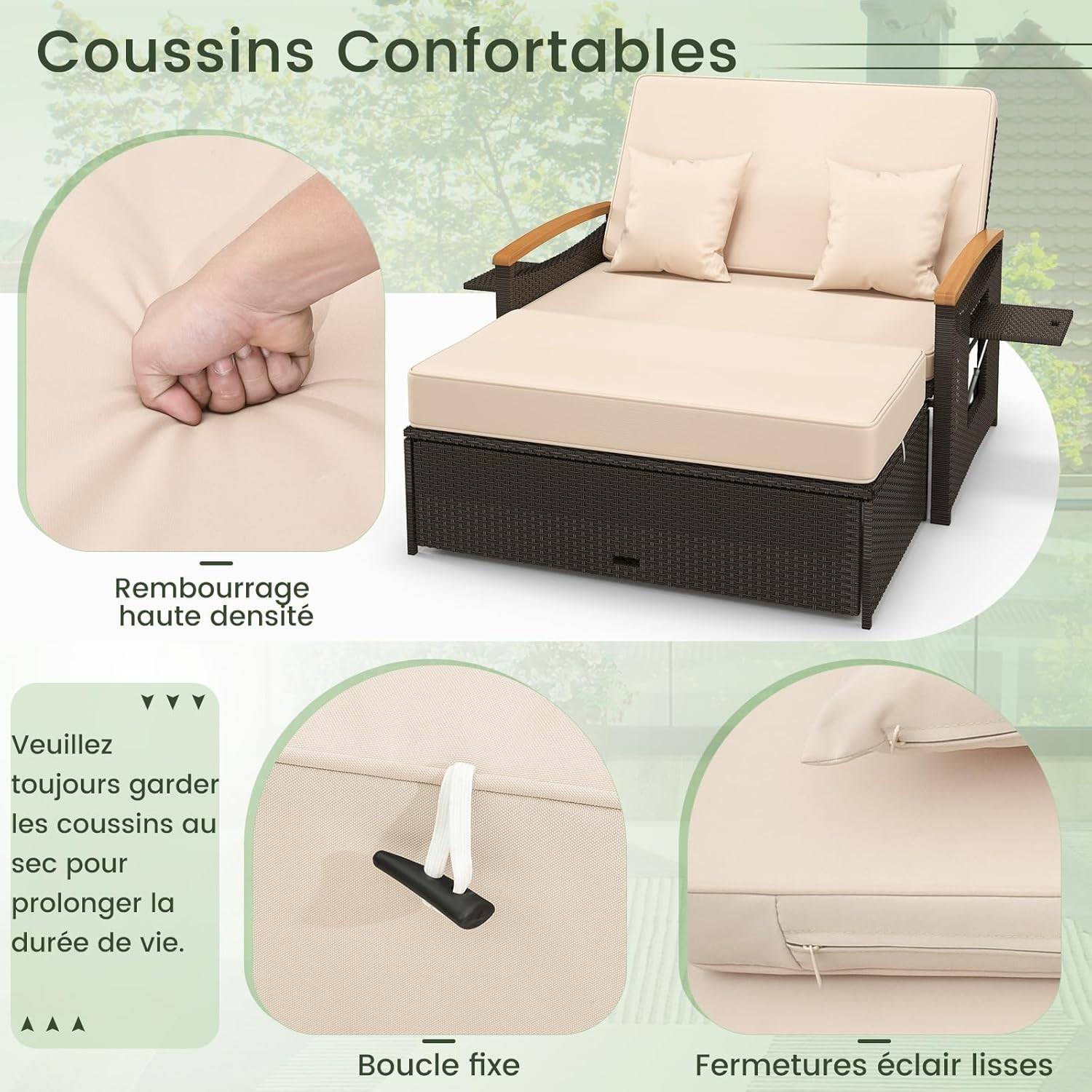 Costway - Salon de Jardin en Rotin avec Ottoman de Rangement, Bain de Soleil, Charge 360KG, Beige - Image 3