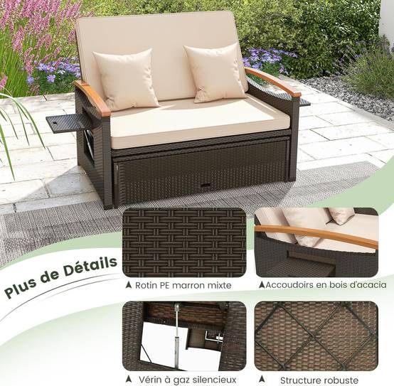 Costway - Salon de Jardin en Rotin avec Ottoman de Rangement, Bain de Soleil, Charge 360KG, Beige - Image 2