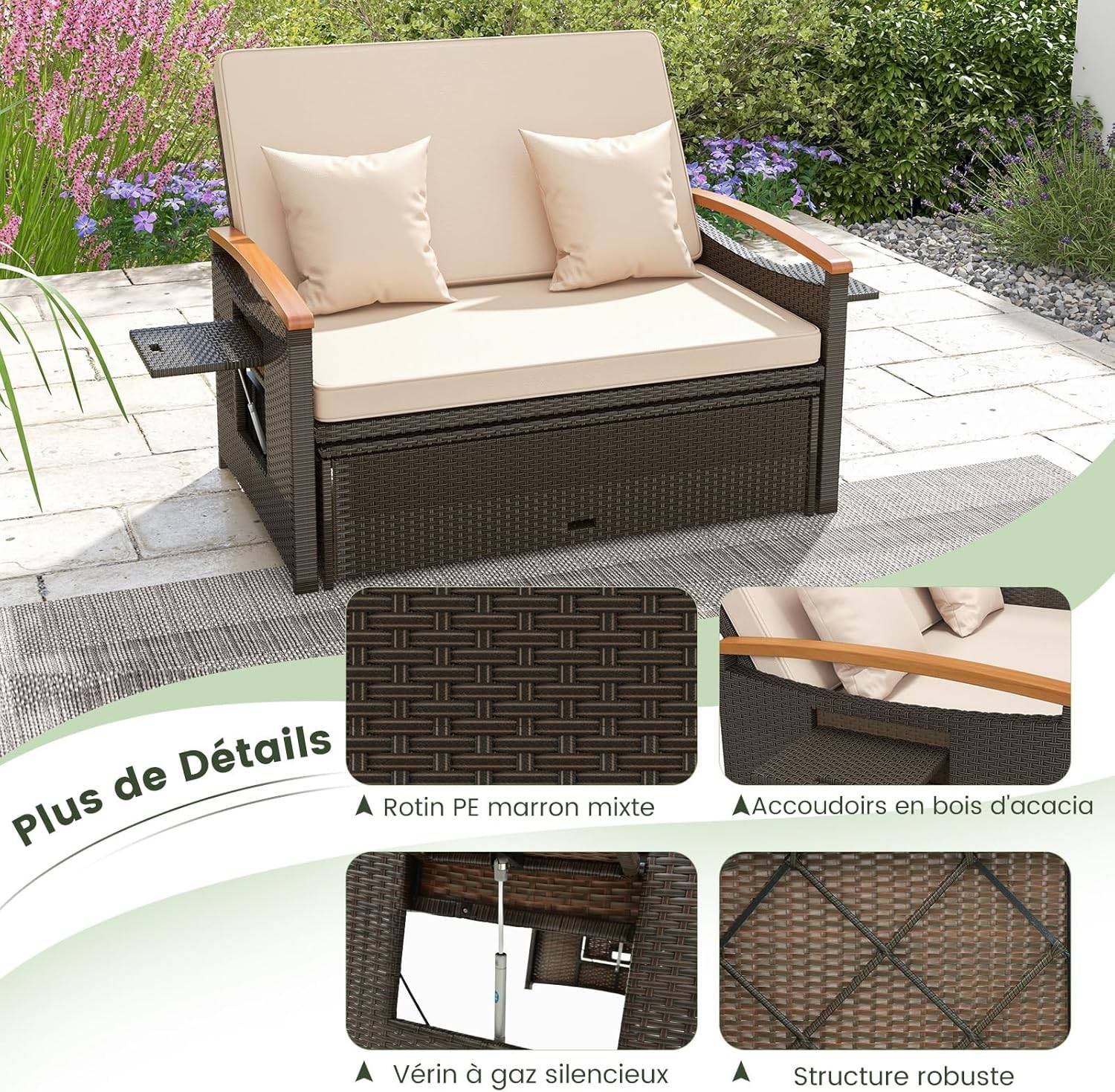 Costway - Salon de Jardin en Rotin avec Ottoman de Rangement, Bain de Soleil, Charge 360KG, Beige - Image 2