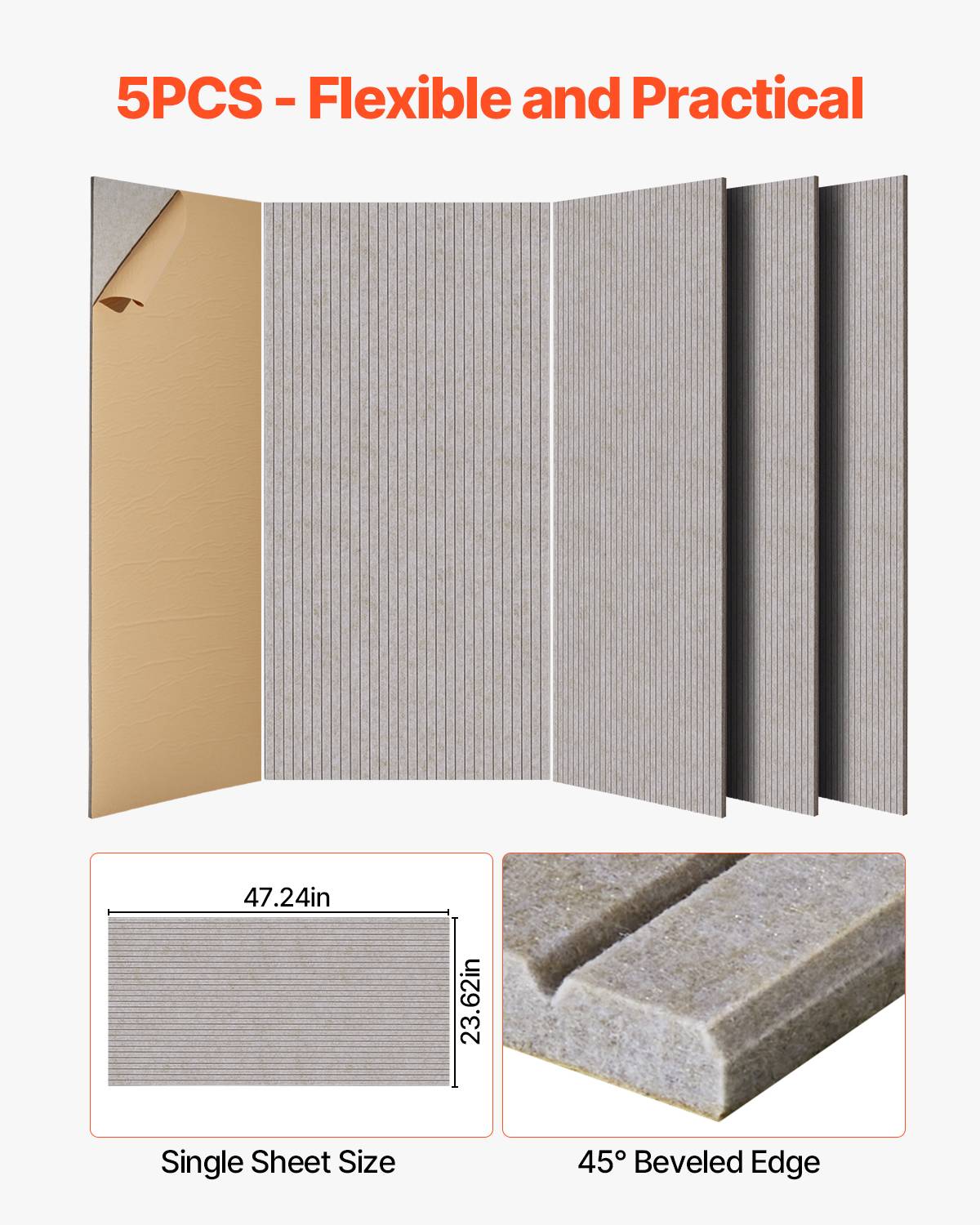 Vevor - VEVOR Lot 5 panneaux acoustiques 120x60x1 cm autocollants, polyester haute densité, camel - Image 5