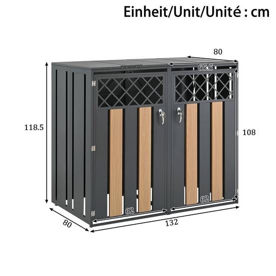 ComfortXL - Cache-poubelle double acier galvanisé jardin couvercle hydraulique 132x80x118cm gris bois - ComfortXL Outdoor Living - Image 3