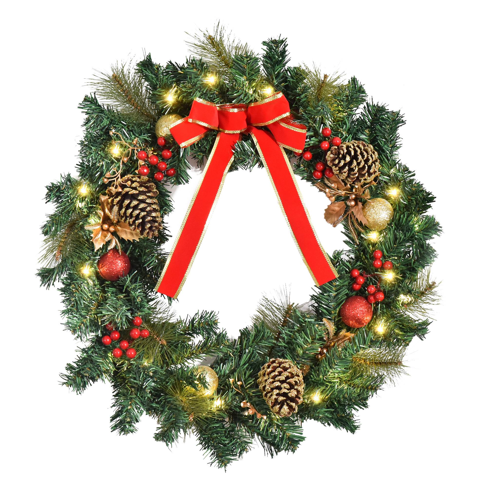 ComfortXL - Couronne de Noël lumineuse en PVC vert 60 cm avec 20 LED blanc chaud et pommes de pin pour porte et mur - Image 2