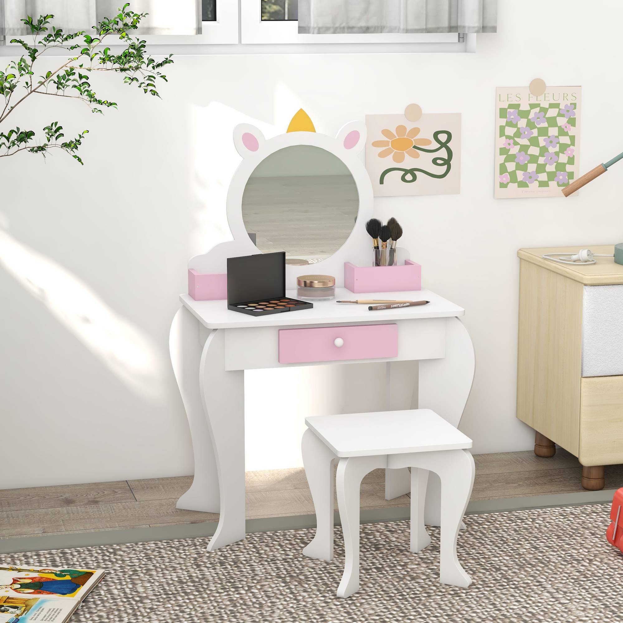 Sans Marque - Coiffeuse pour enfant avec tabouret et miroir, coiffeuse pour fille avec tiroir et compartiments, motif licorne blanche - Image 4