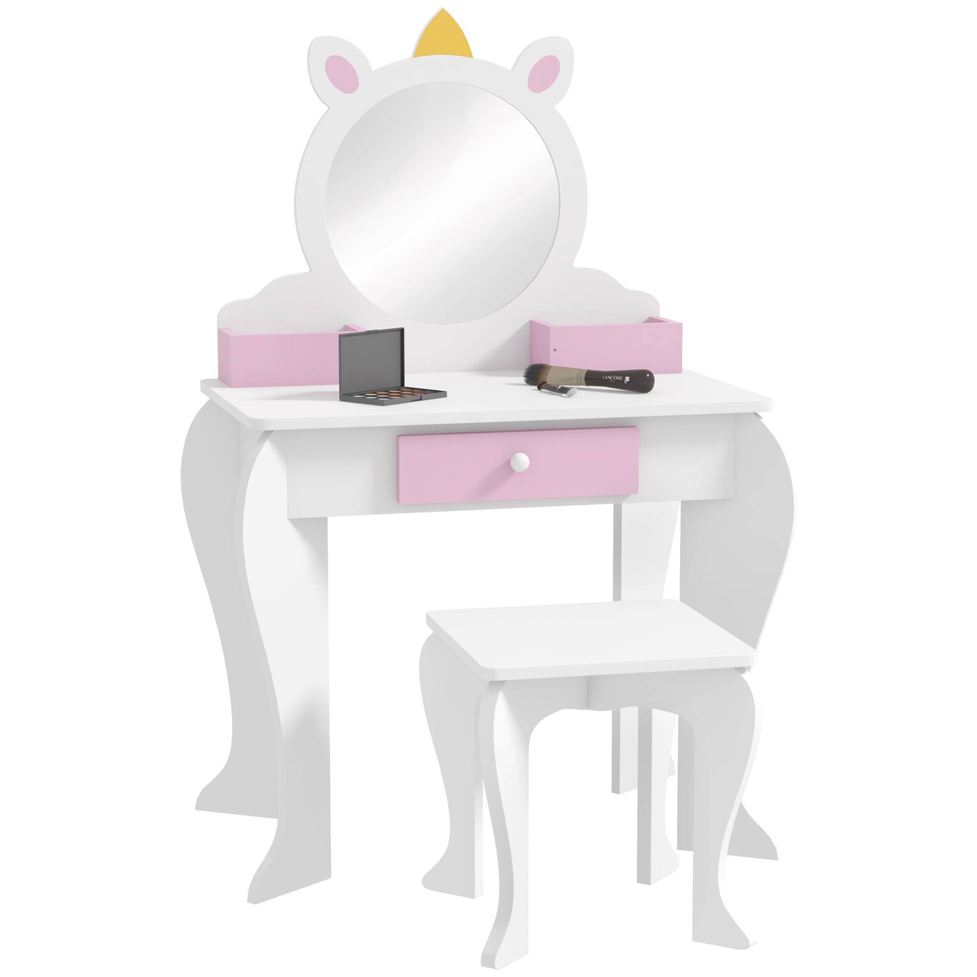 Sans Marque - Coiffeuse pour enfant avec tabouret et miroir, coiffeuse pour fille avec tiroir et compartiments, motif licorne blanche - Image 1