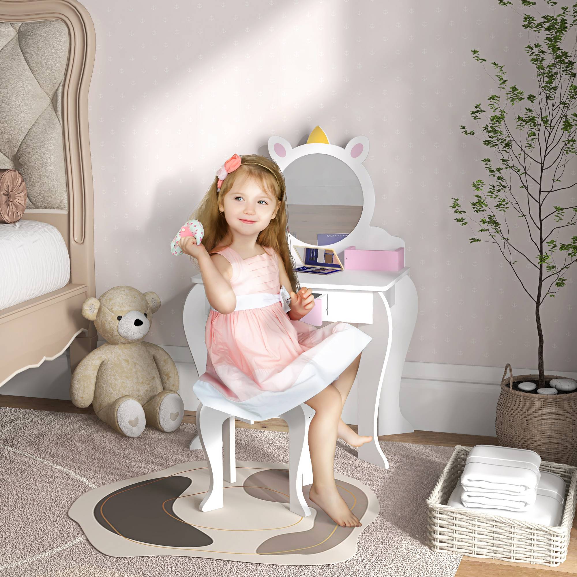 Sans Marque - Coiffeuse pour enfant avec tabouret et miroir, coiffeuse pour fille avec tiroir et compartiments, motif licorne blanche - Image 3