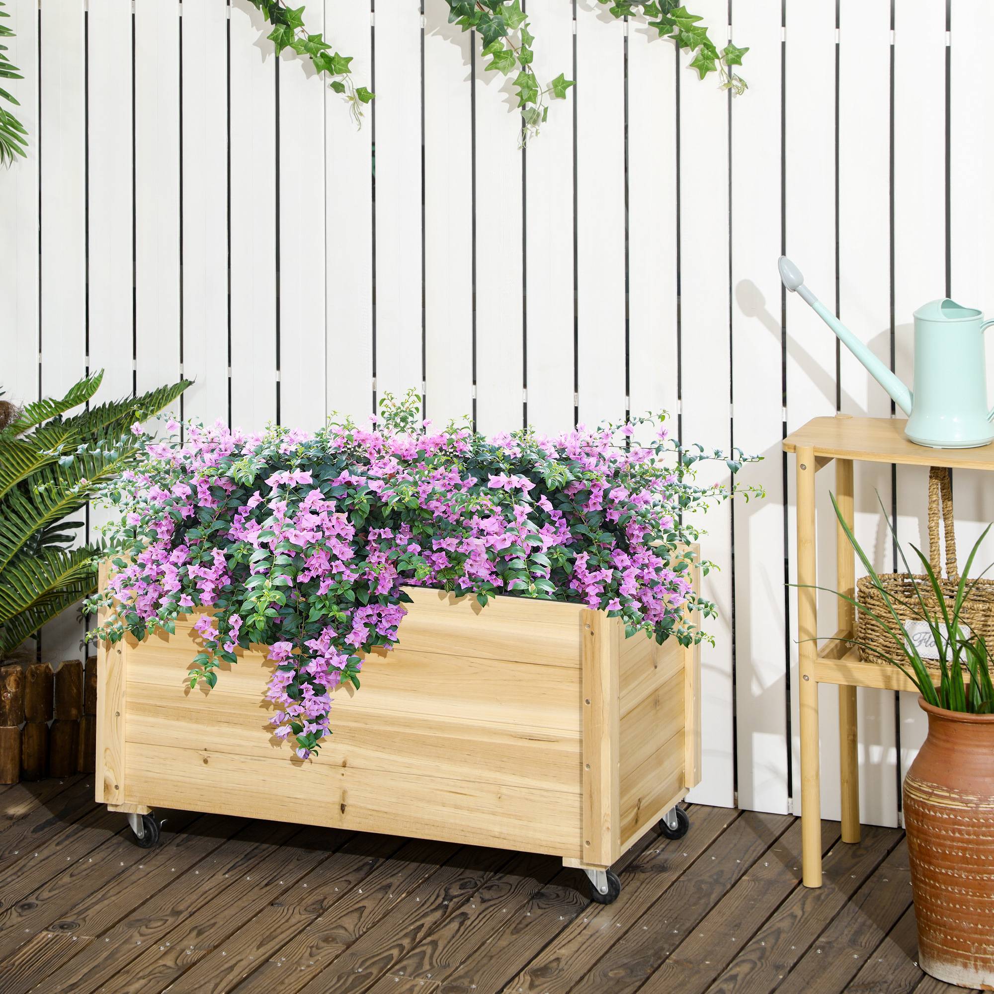 Sans Marque - Jardinière drainage roulettes bois sapin 89x48x47 cm - Image 3