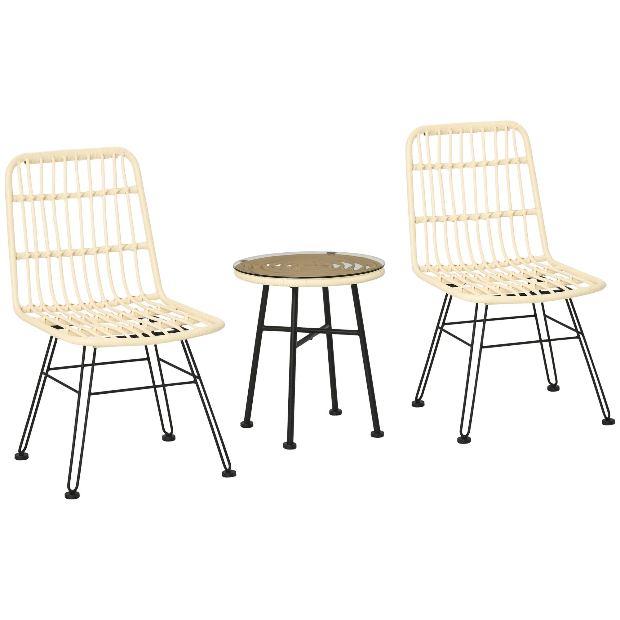 Ensemble bistro jardin 3 pièces 2 chaises table ronde verre trempé coussins polyester résine tressée PE Ø45x50cm crème