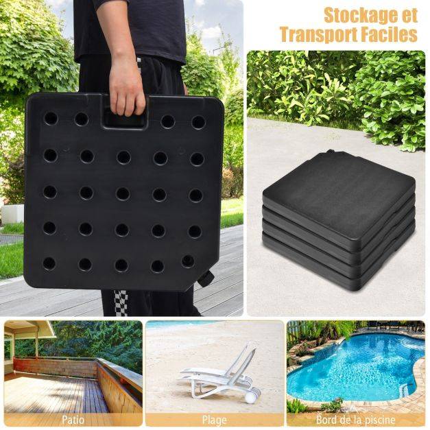 Helloshop26 - Dalle parasol déporté lot de 4 lestage poids parasol carré en HDPE à remplir 13 l d'eau ou 19,5 kg de sable base pour parasol avec poignée 100 x 100 - Image 6
