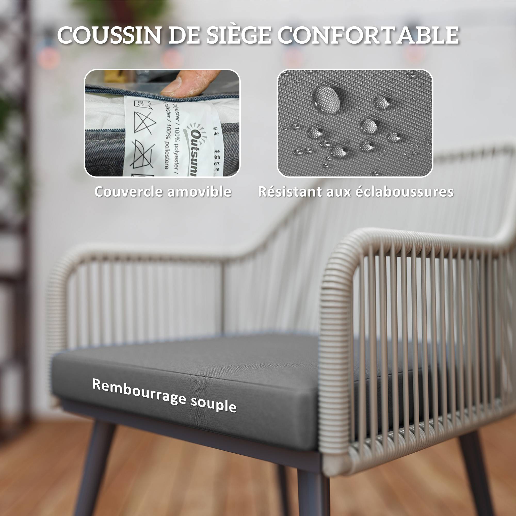 Salon de jardin extérieur en résine tressée 2 personnes, table de jardin extérieure avec 2 chaises avec coussins, crème - Image 7