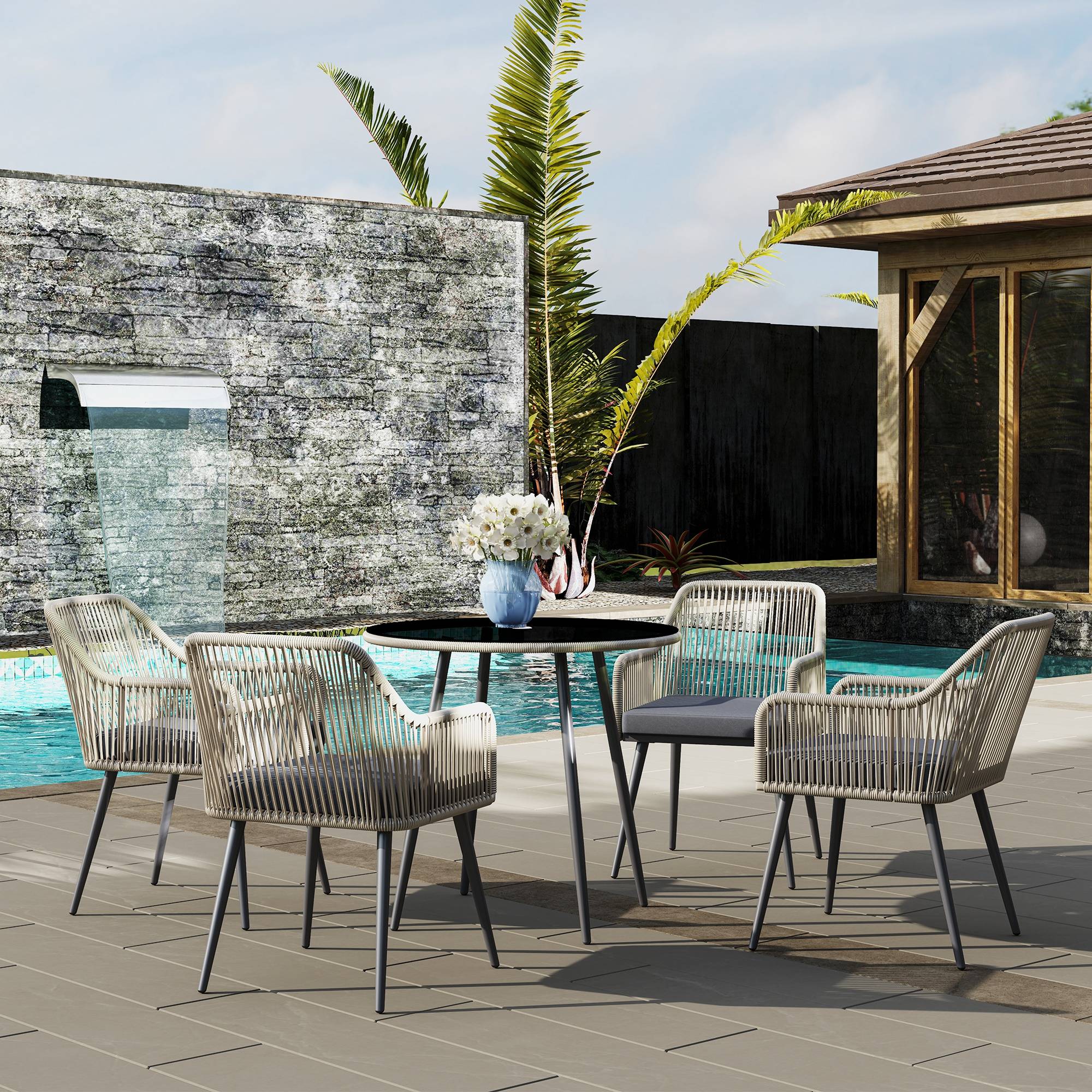 Salon de jardin extérieur en résine tressée 2 personnes, table de jardin extérieure avec 2 chaises avec coussins, crème - Image 4