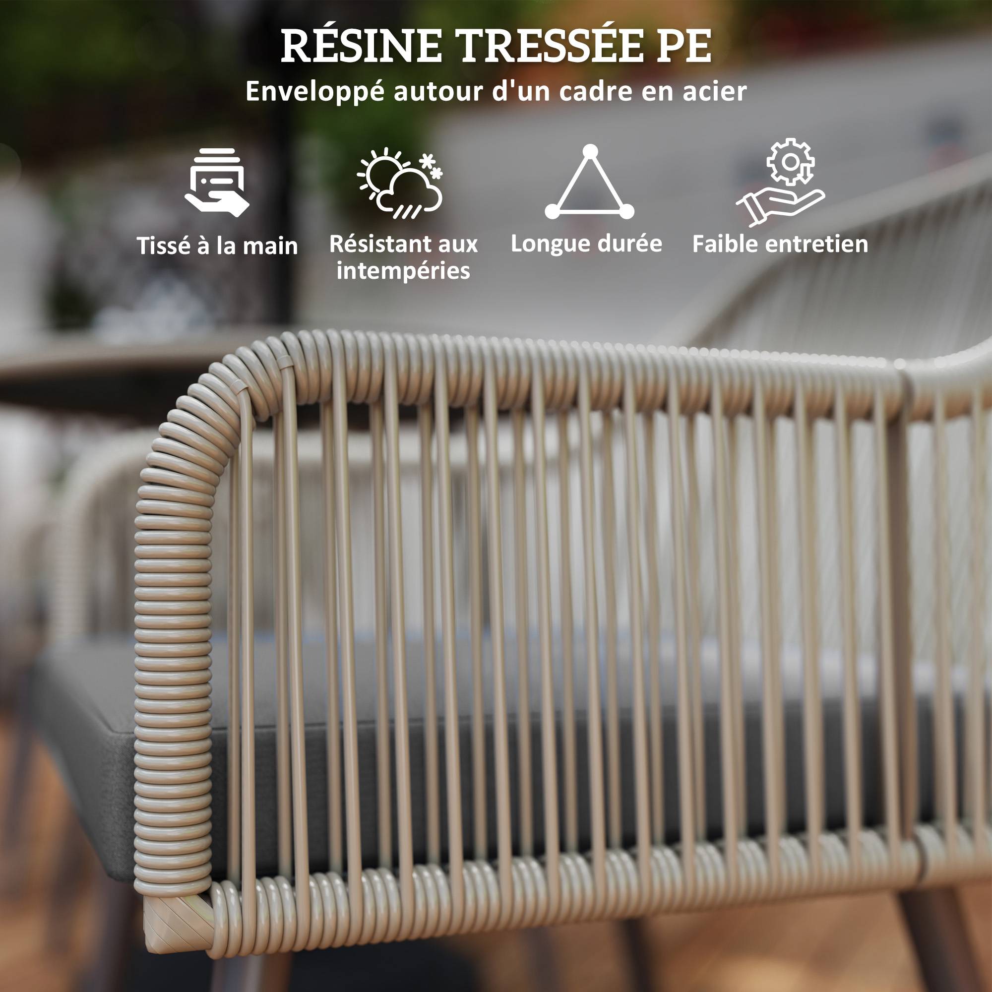 Salon de jardin extérieur en résine tressée 2 personnes, table de jardin extérieure avec 2 chaises avec coussins, crème - Image 6