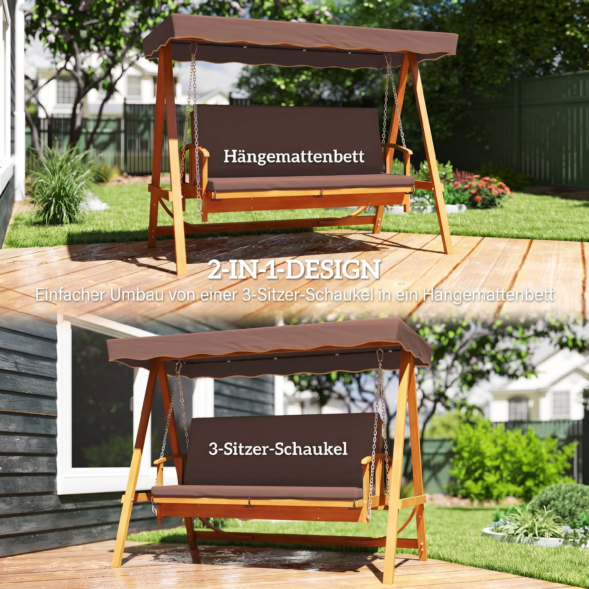 Balançoire Hollywood avec pare-soleil, en bois véritable, avec fonction inclinable, pour 3 personnes, marron - Image 6