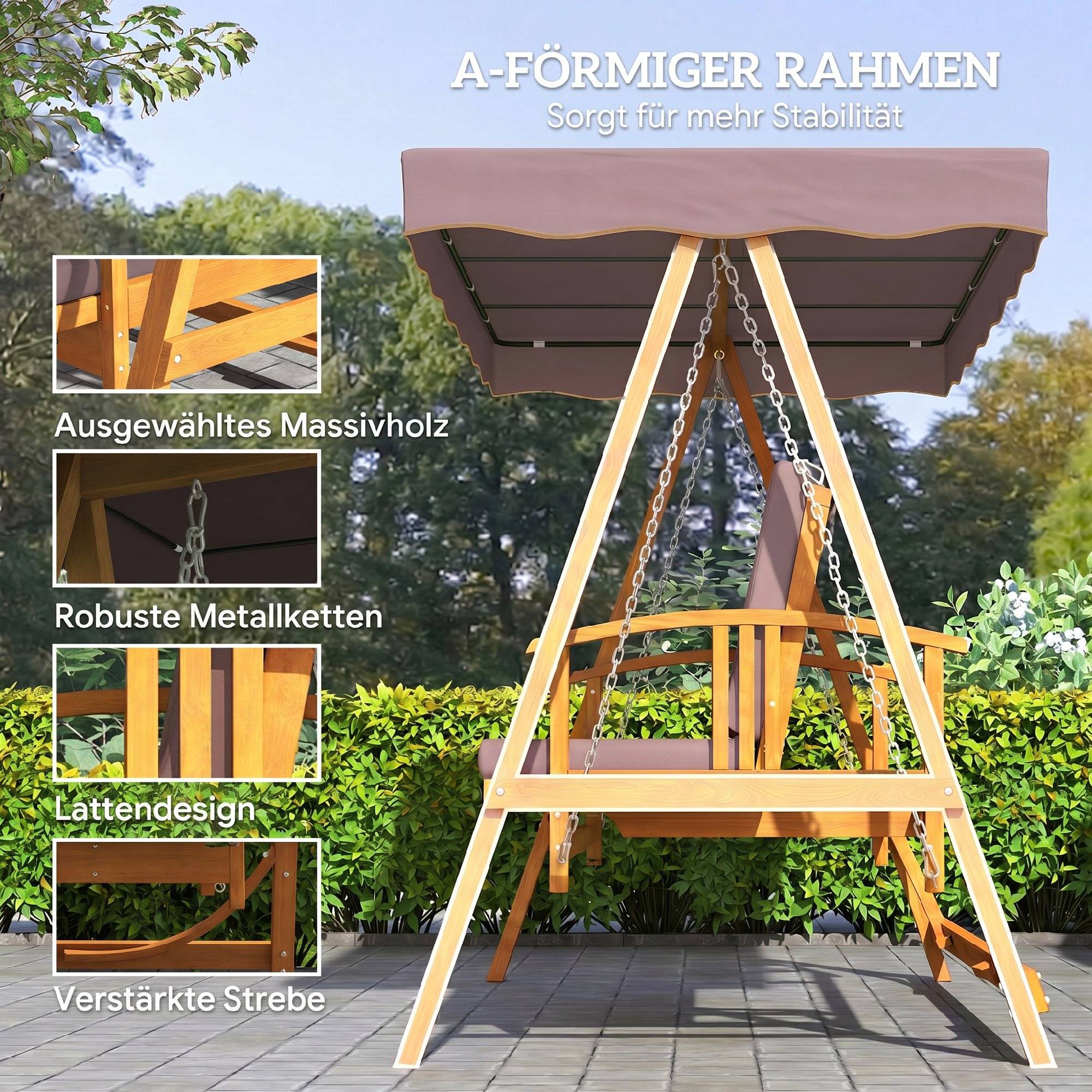 Balançoire Hollywood avec pare-soleil, en bois véritable, avec fonction inclinable, pour 3 personnes, marron - Image 8