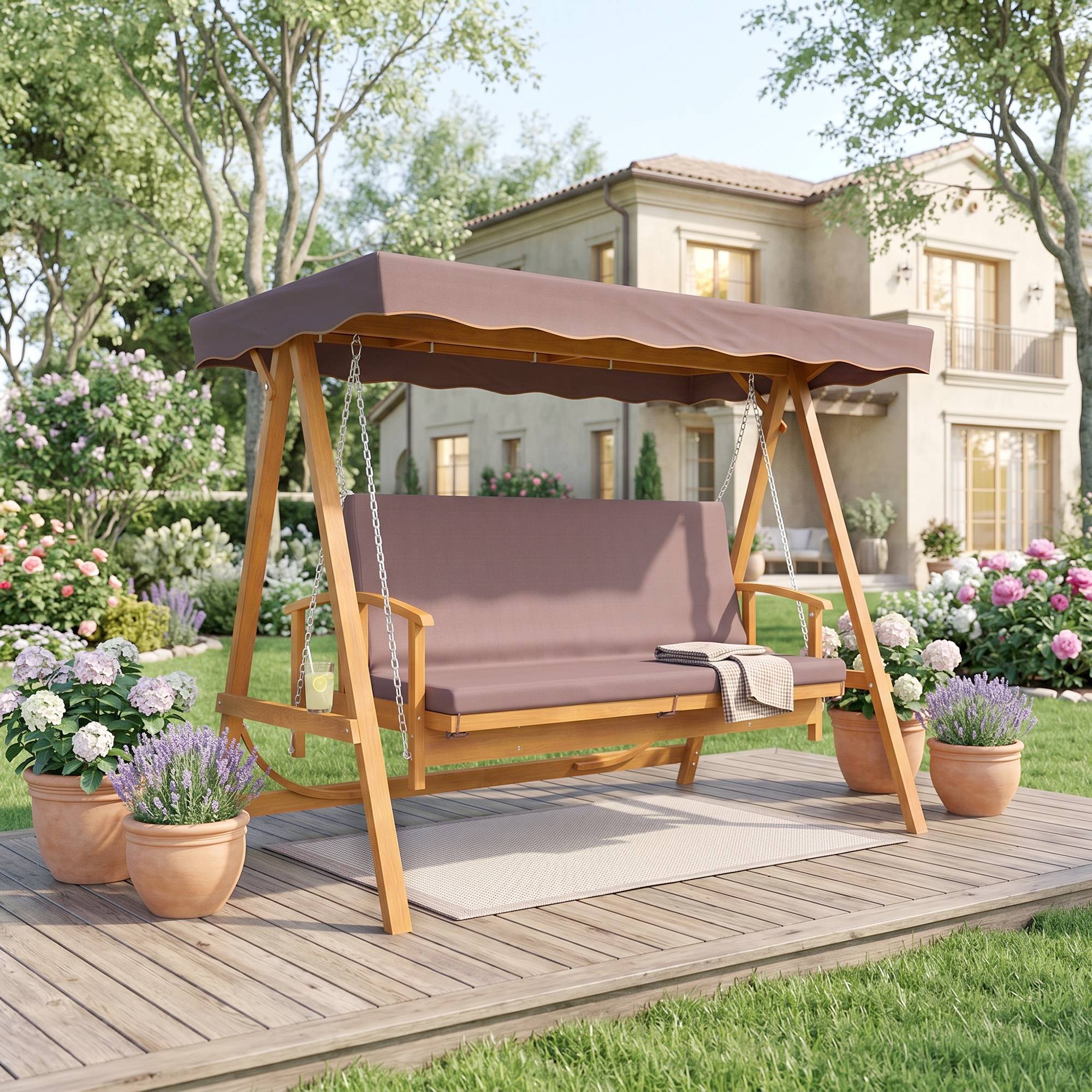 Balançoire Hollywood avec pare-soleil, en bois véritable, avec fonction inclinable, pour 3 personnes, marron - Image 3