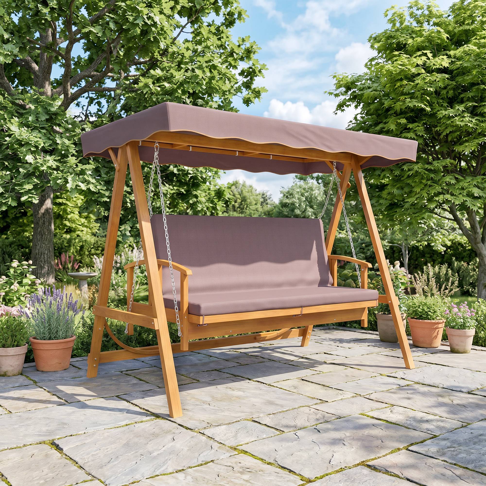 Balançoire Hollywood avec pare-soleil, en bois véritable, avec fonction inclinable, pour 3 personnes, marron - Image 4