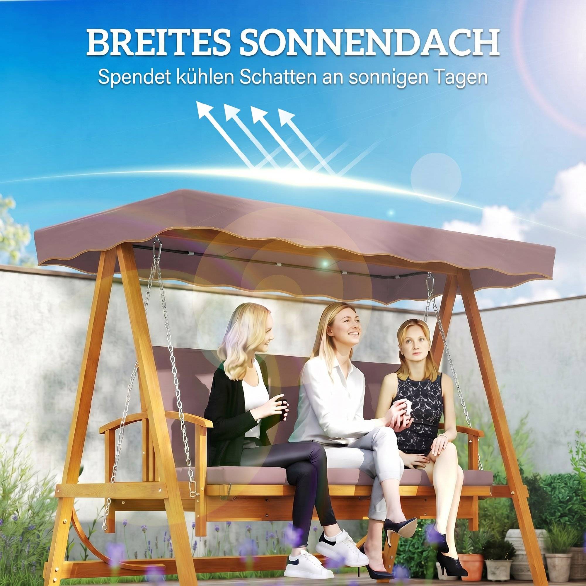 Balançoire Hollywood avec pare-soleil, en bois véritable, avec fonction inclinable, pour 3 personnes, marron - Image 7