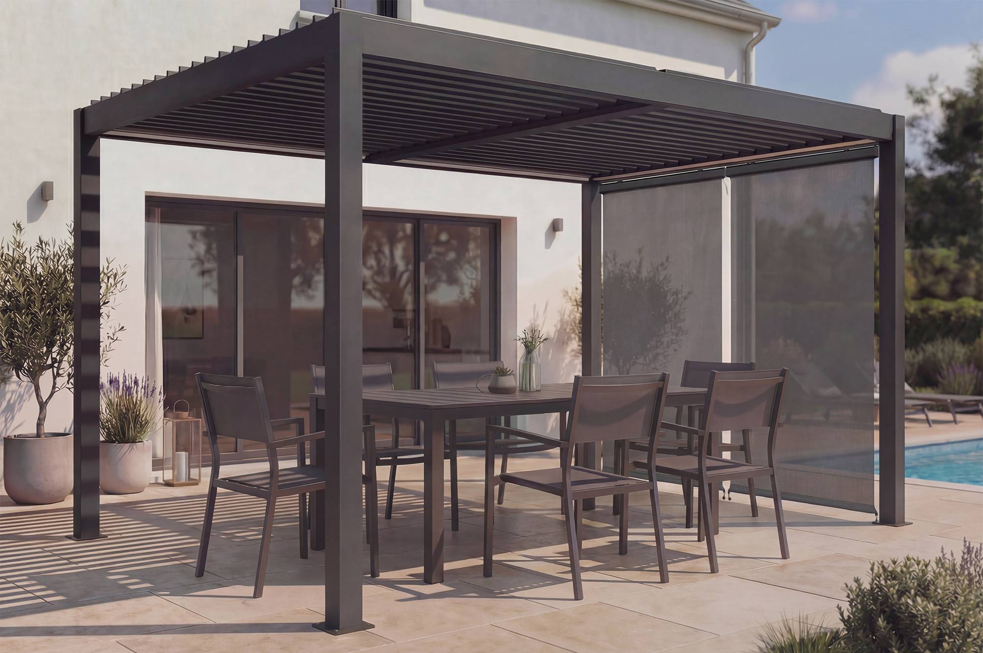 CAZEBOO - Cazeboo Pergola bioclimatique motorisée 4x3 m autoportée AGOSTA aluminium gris avec stores rétractables côté 3 m - Image 1