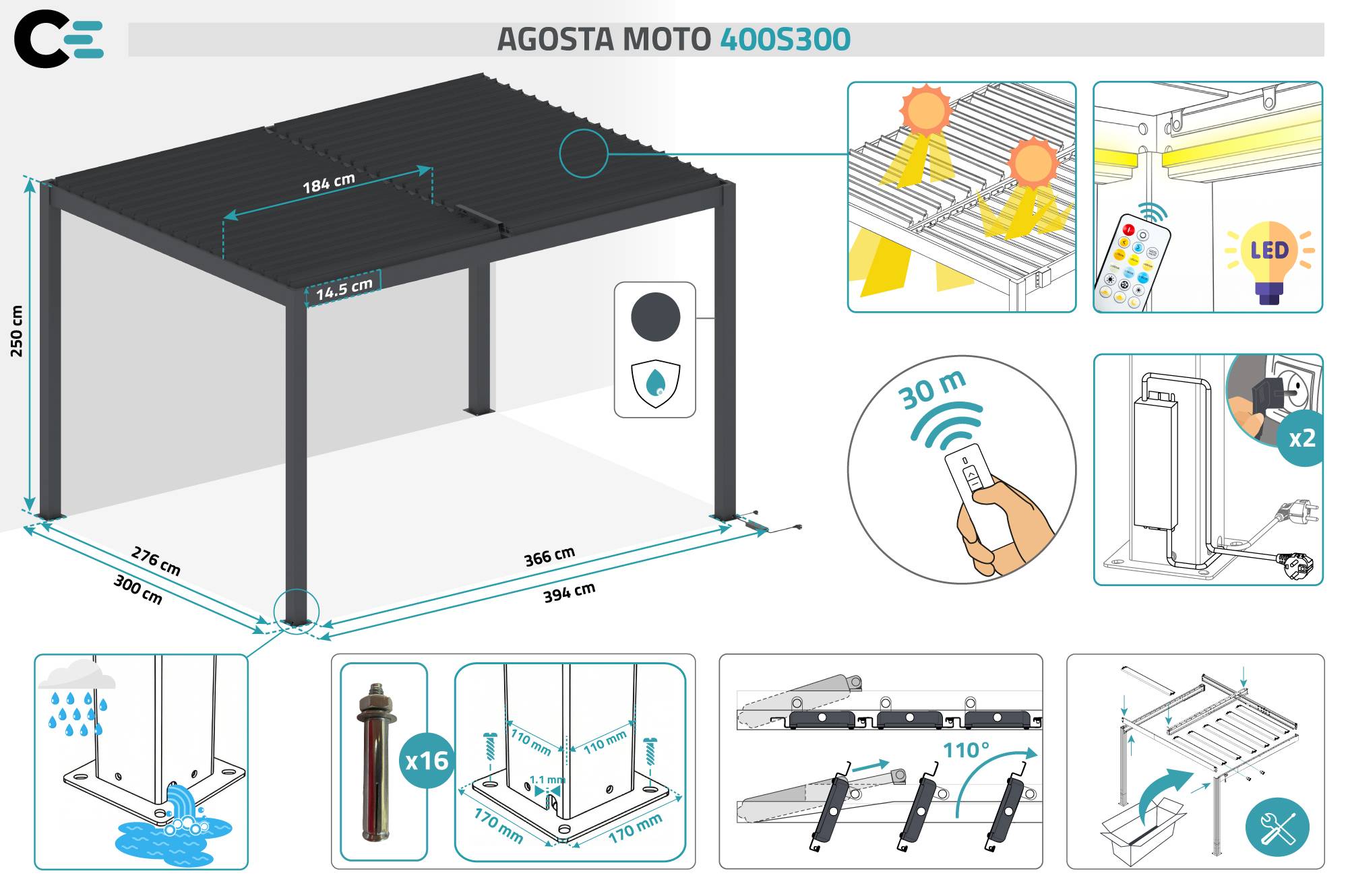 CAZEBOO - Cazeboo Pergola bioclimatique motorisée 4x3 m autoportée AGOSTA aluminium gris avec stores rétractables côté 3 m - Image 6