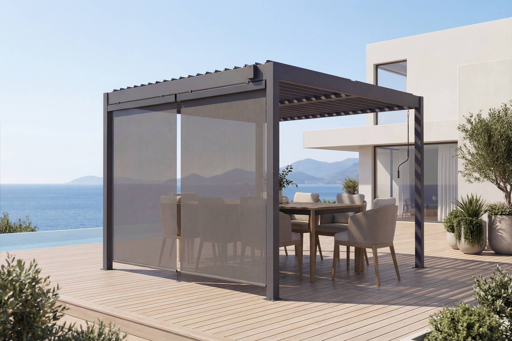 CAZEBOO - Cazeboo Pergola bioclimatique motorisée 4x3 m autoportée AGOSTA aluminium gris avec stores rétractables côté 3 m - Image 3