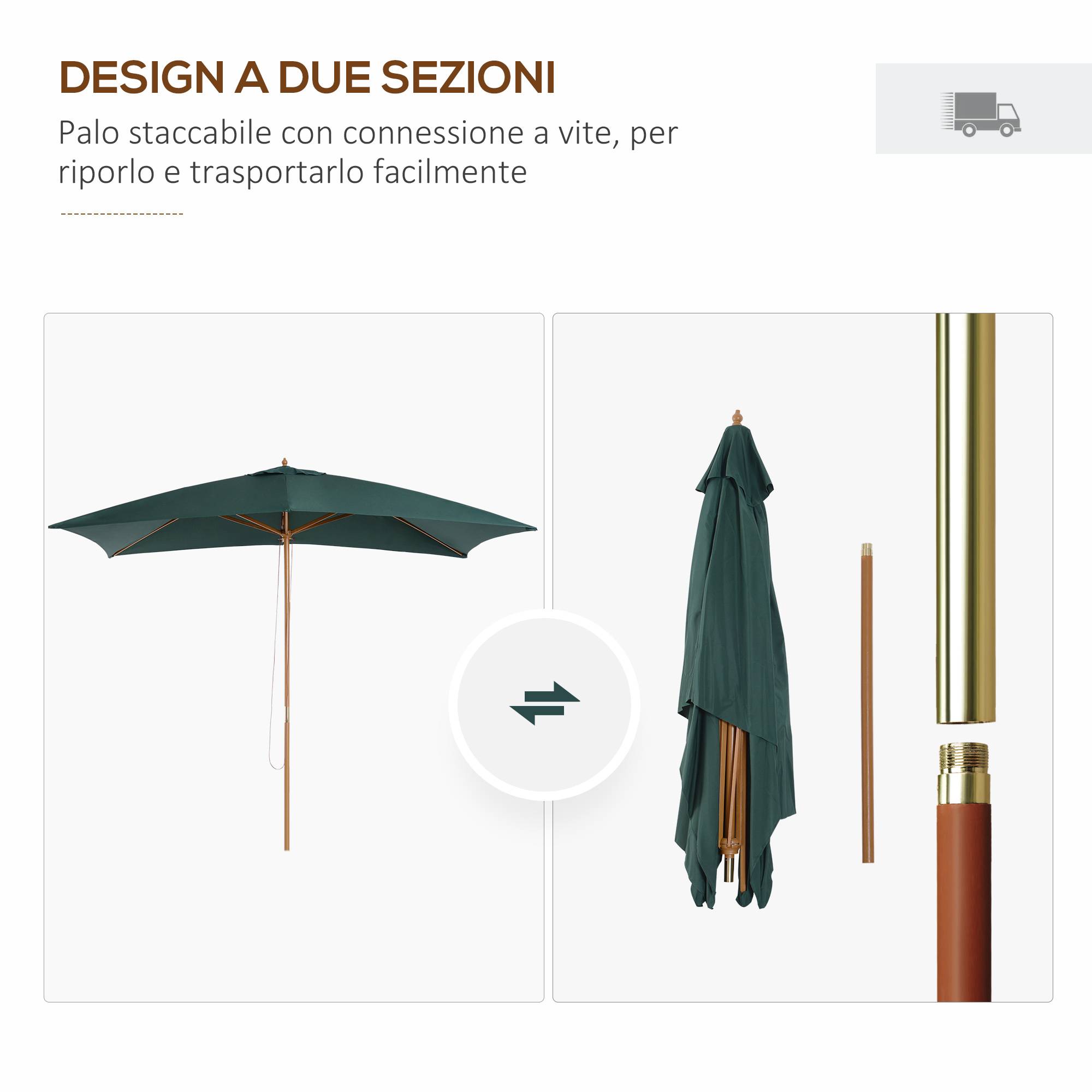 Parasol 2x3 m de jardin en bois laqué et bambou avec toile amovible, vert foncé - Image 6