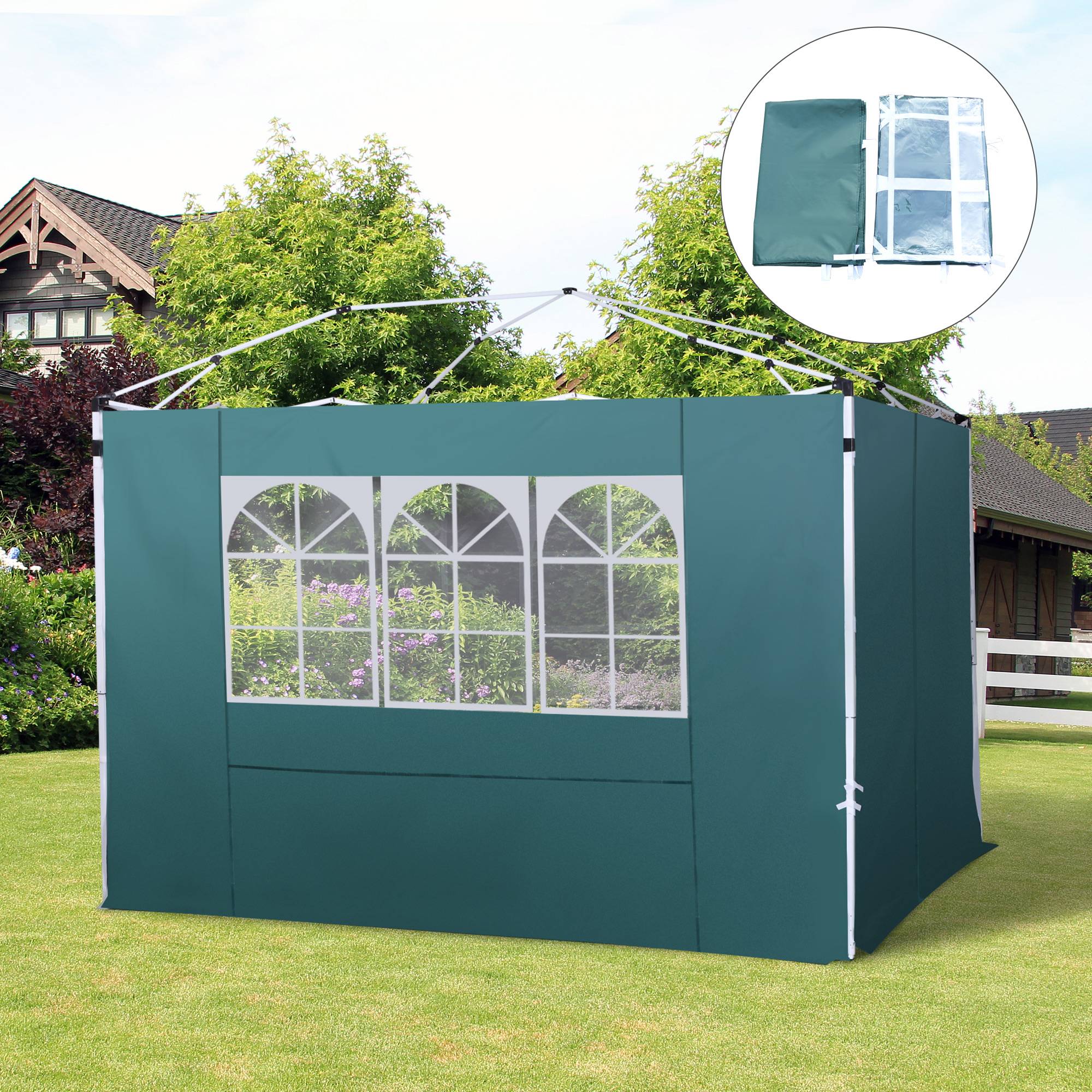 Lot de 2 Parois Latérales pour Tente 3x3m Tissu Oxford avec Fenêtre Protection Extérieure Vert Foncé - ComfortXL Outdoor Living - Image 3