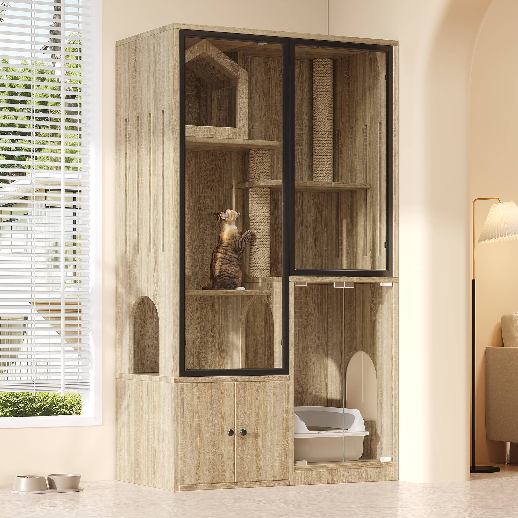 Maison de toilette chat multicouche avec porte en verre 90 x 50 x 160 cm MDF et verre trempé naturel - PANGIVO - Image 9