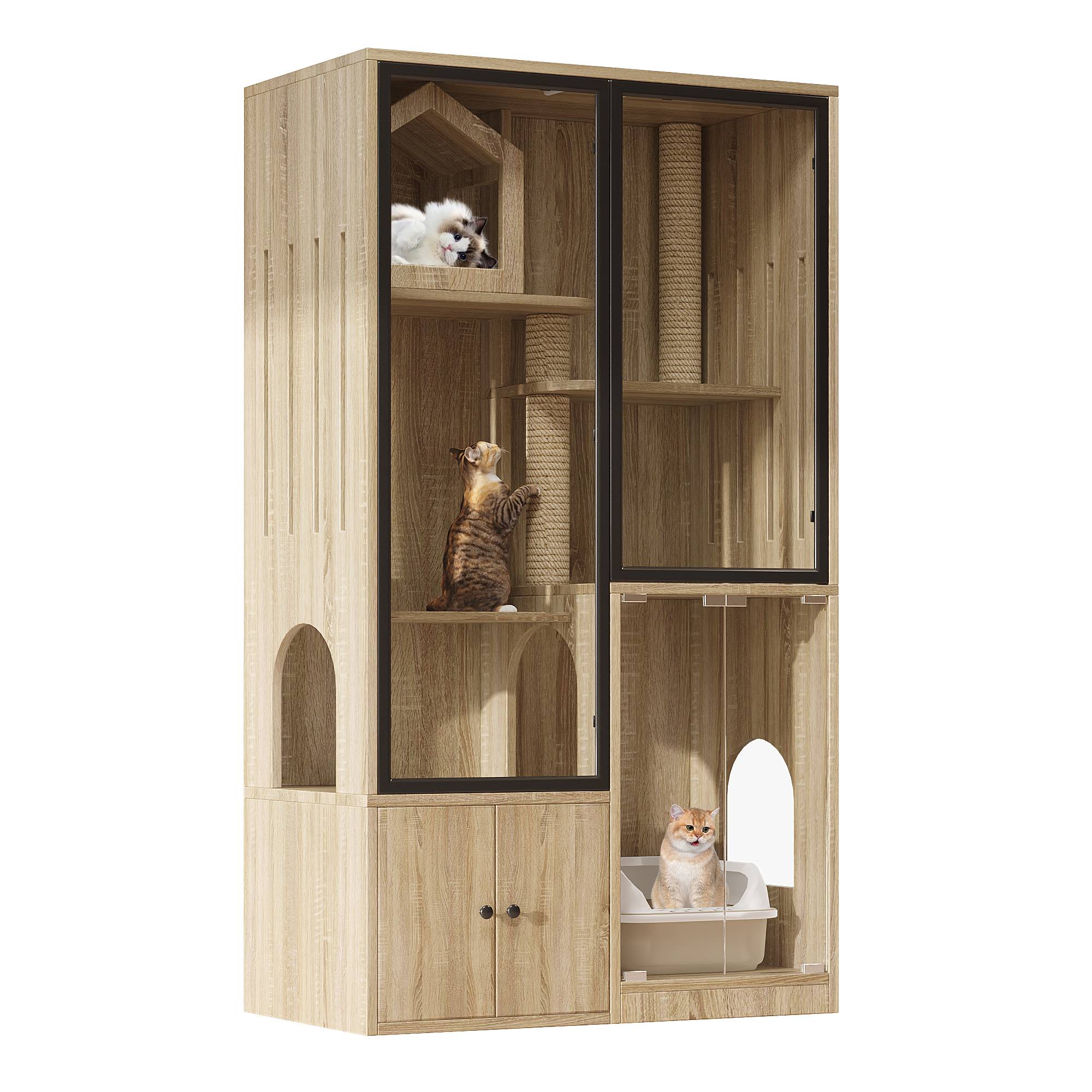 Maison de toilette chat multicouche avec porte en verre 90 x 50 x 160 cm MDF et verre trempé naturel - PANGIVO - Image 6