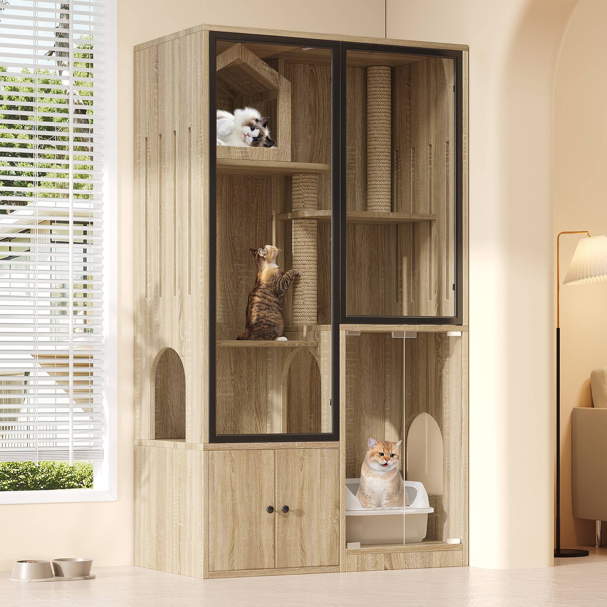 Maison de toilette chat multicouche avec porte en verre 90 x 50 x 160 cm MDF et verre trempé naturel - PANGIVO - Image 1