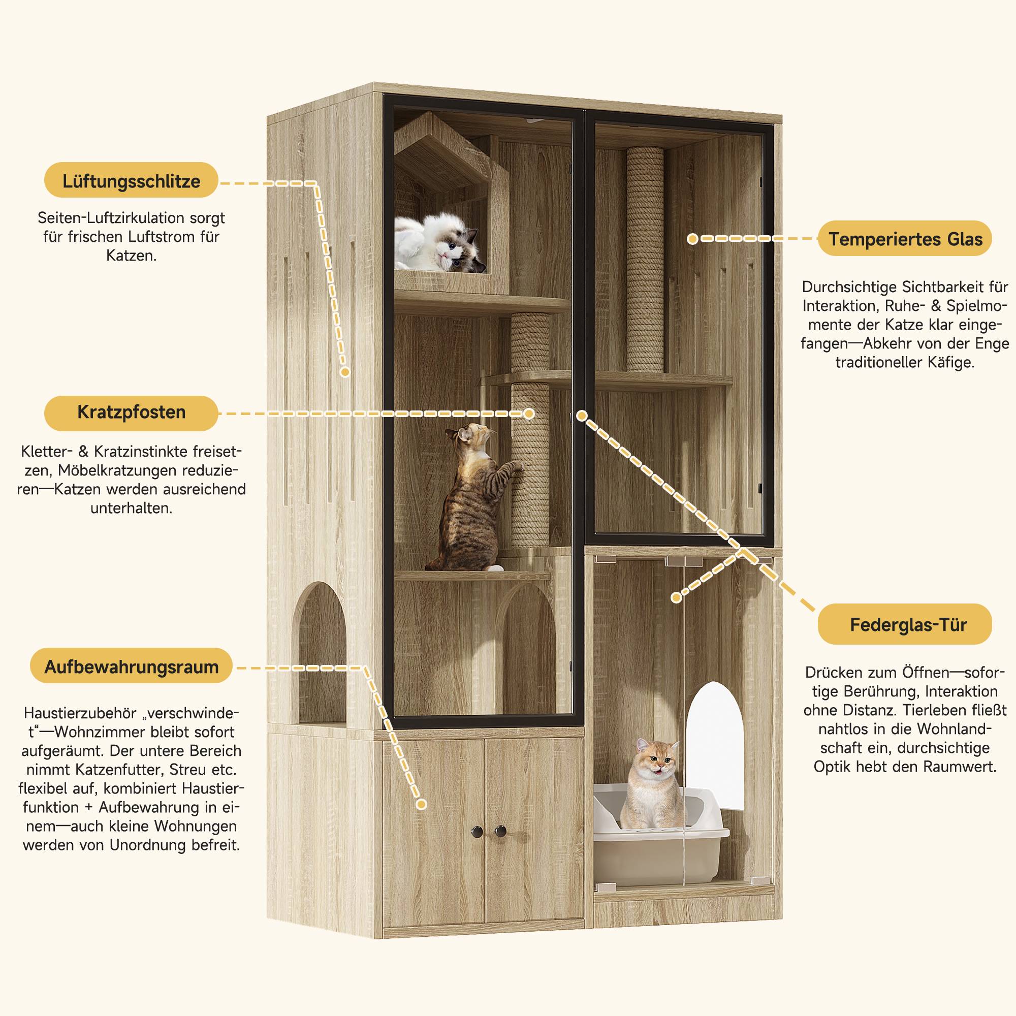 Maison de toilette chat multicouche avec porte en verre 90 x 50 x 160 cm MDF et verre trempé naturel - PANGIVO - Image 4