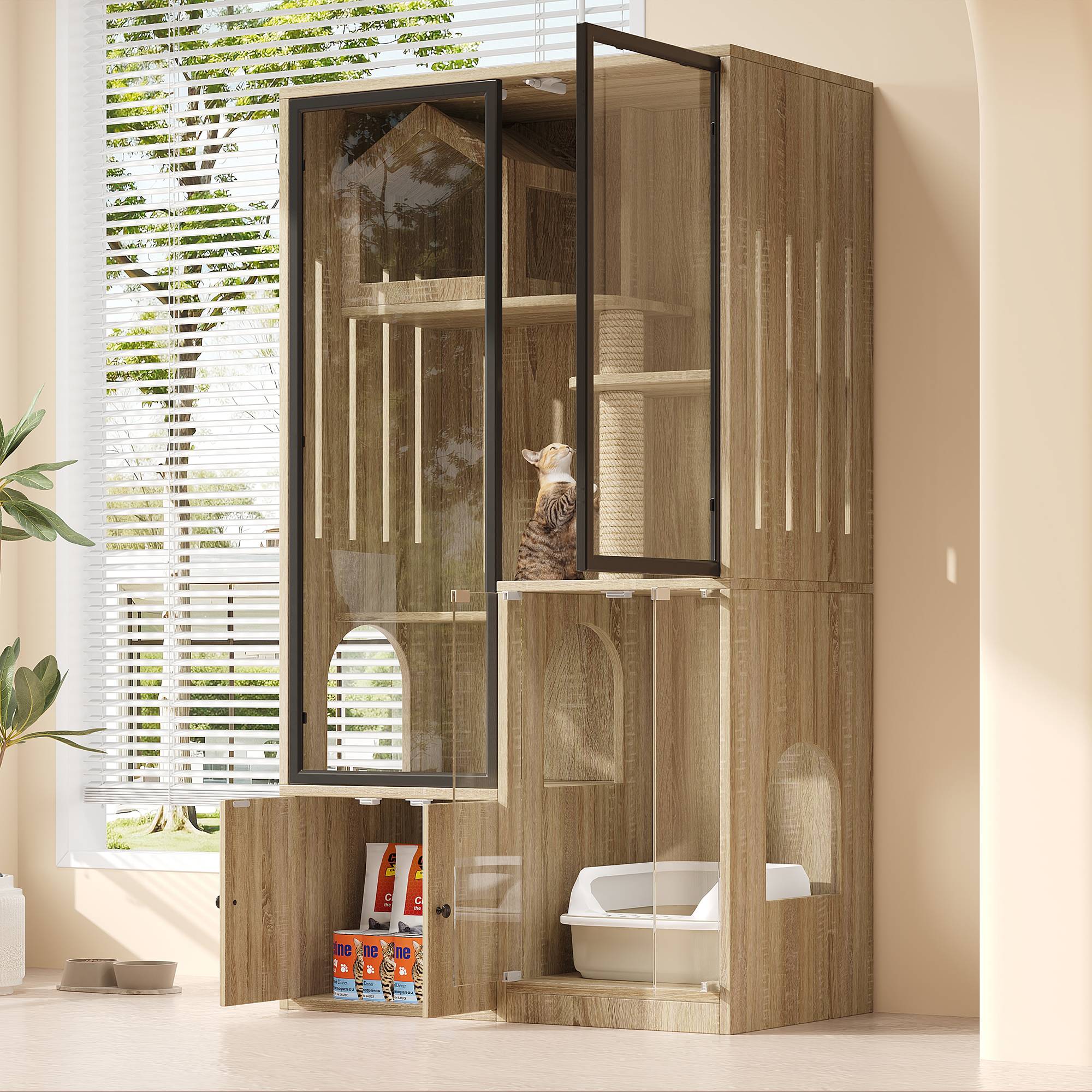 Maison de toilette chat multicouche avec porte en verre 90 x 50 x 160 cm MDF et verre trempé naturel - PANGIVO - Image 2