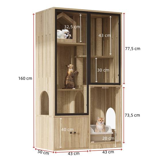 Maison de toilette chat multicouche avec porte en verre 90 x 50 x 160 cm MDF et verre trempé naturel - PANGIVO - Image 5