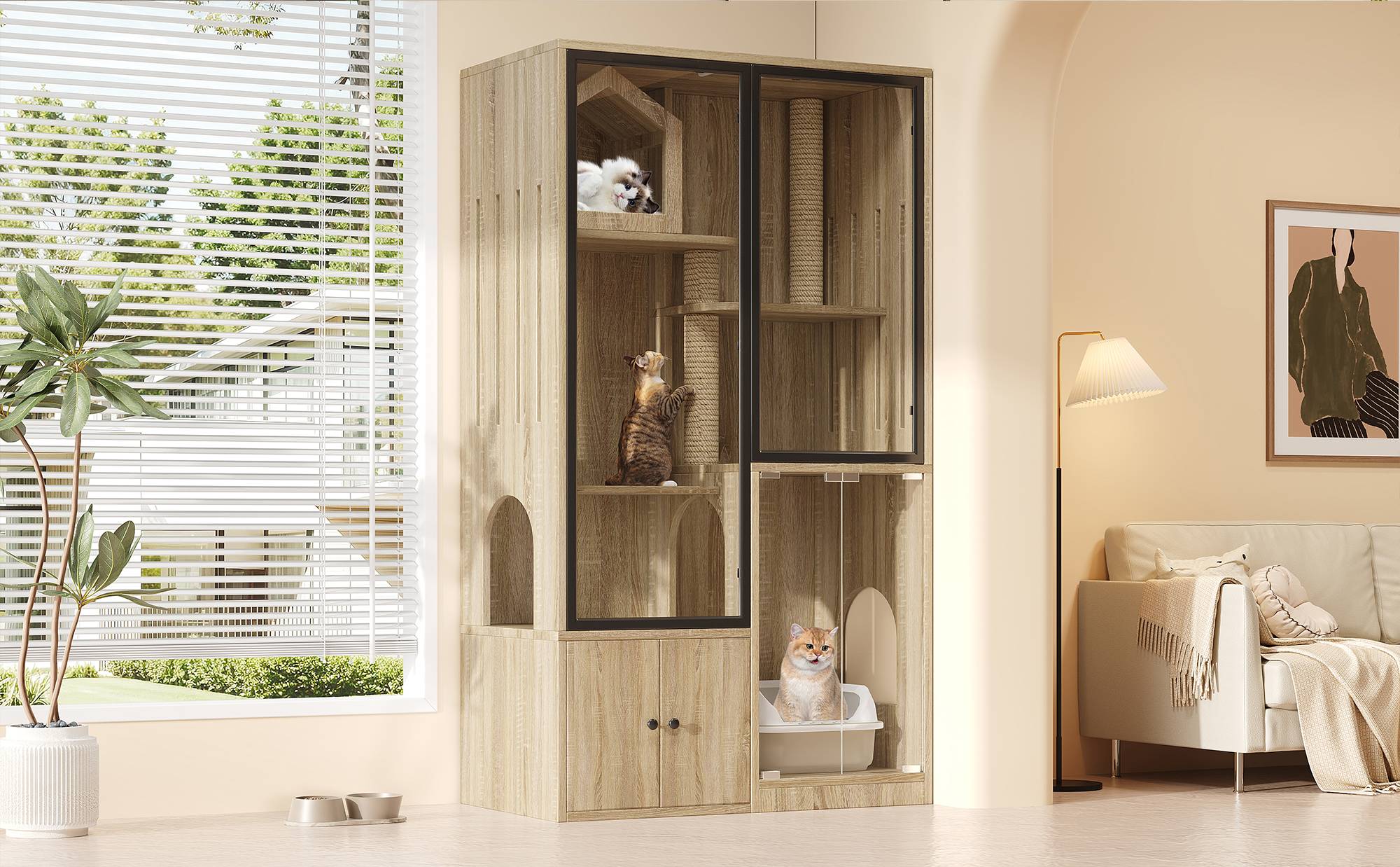 Maison de toilette chat multicouche avec porte en verre 90 x 50 x 160 cm MDF et verre trempé naturel - PANGIVO - Image 10