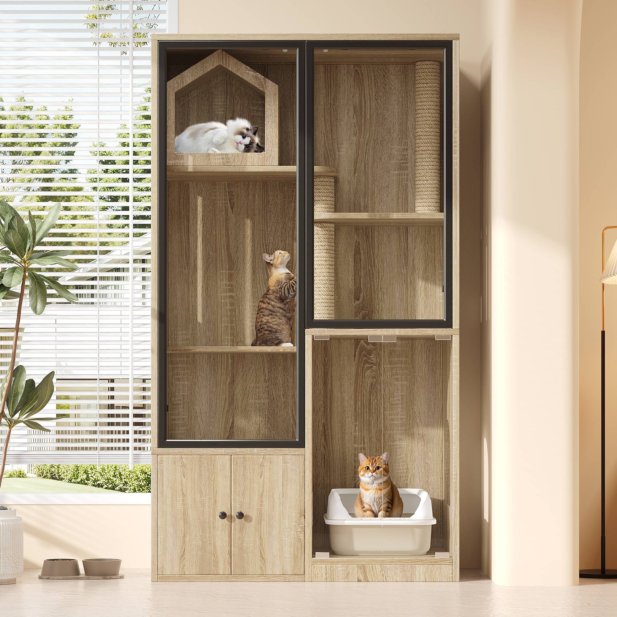 Maison de toilette chat multicouche avec porte en verre 90 x 50 x 160 cm MDF et verre trempé naturel - PANGIVO - Image 3