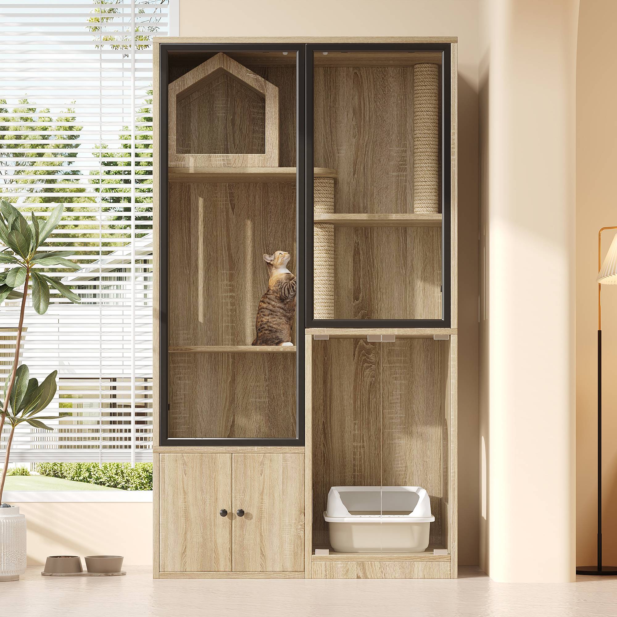 Maison de toilette chat multicouche avec porte en verre 90 x 50 x 160 cm MDF et verre trempé naturel - PANGIVO - Image 8