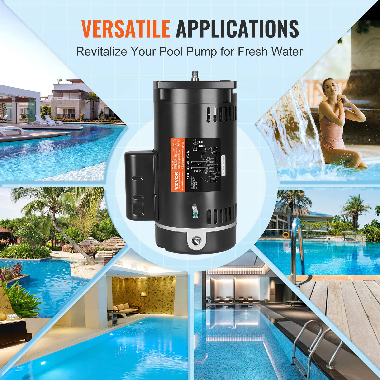 Vevor - VEVOR Moteur pompe piscine 1,5 CV 56Y 115/230 V 3450 tr/min CCW, condensateur 90 μF/250 V, remplacement robuste. - Image 5