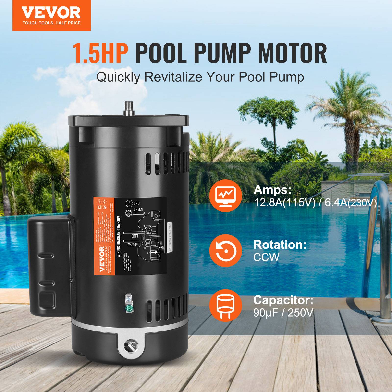 Vevor - VEVOR Moteur pompe piscine 1,5 CV 56Y 115/230 V 3450 tr/min CCW, condensateur 90 μF/250 V, remplacement robuste. - Image 2