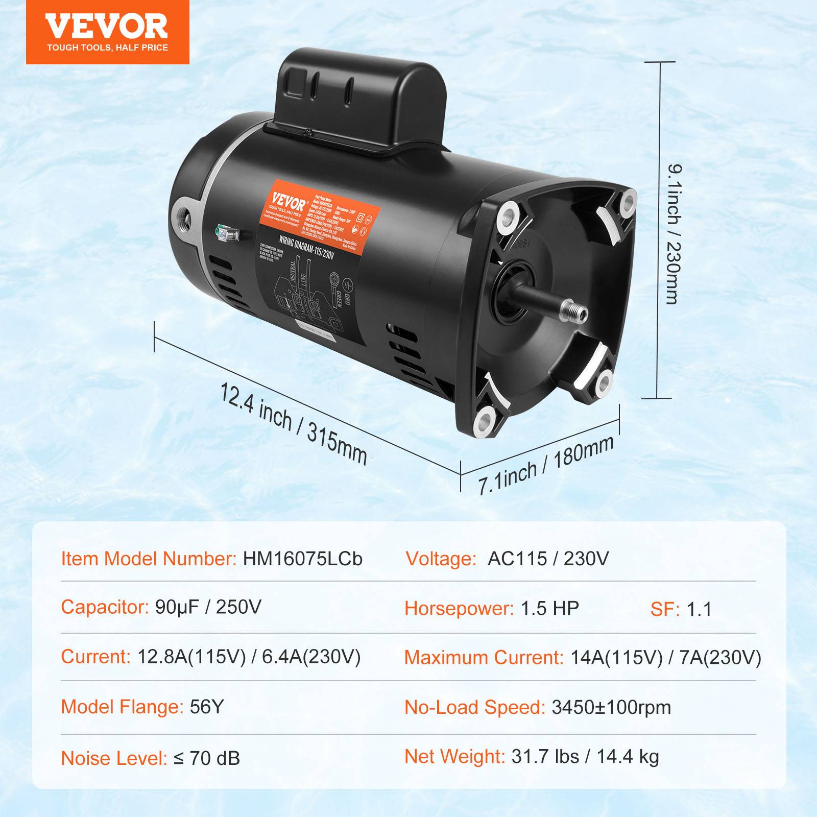 Vevor - VEVOR Moteur pompe piscine 1,5 CV 56Y 115/230 V 3450 tr/min CCW, condensateur 90 μF/250 V, remplacement robuste. - Image 6