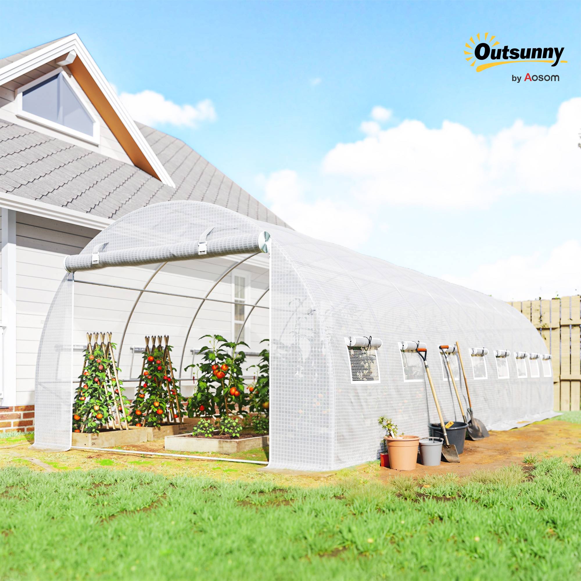 Outsunny - Serre de jardin tunnel 24m² (8x3x2m) 16 fenêtres porte zippée enroulable châssis acier galvanisé bâche PE haute densité blanc - Outsunny - Image 10