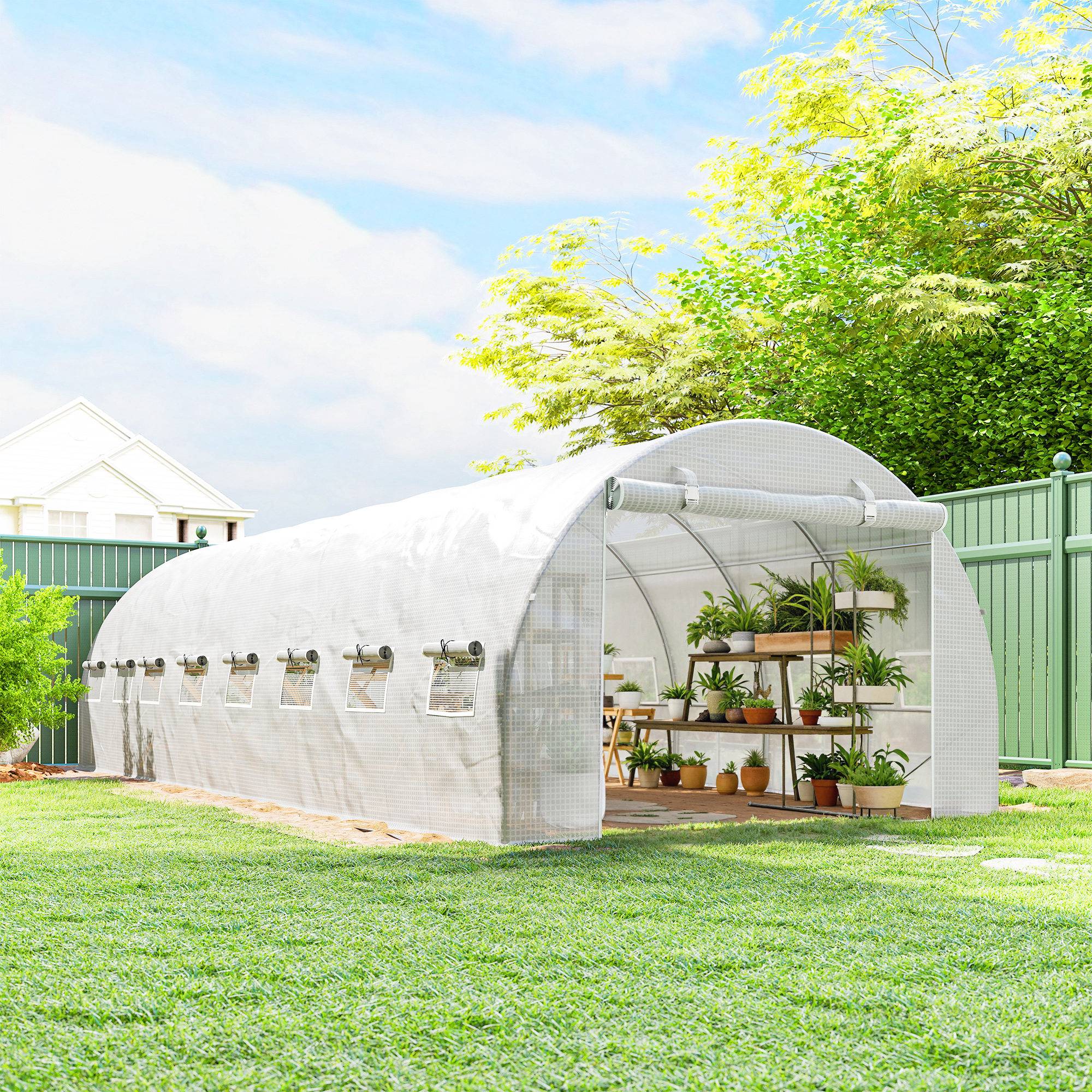 Outsunny - Serre de jardin tunnel 24m² (8x3x2m) 16 fenêtres porte zippée enroulable châssis acier galvanisé bâche PE haute densité blanc - Outsunny - Image 2